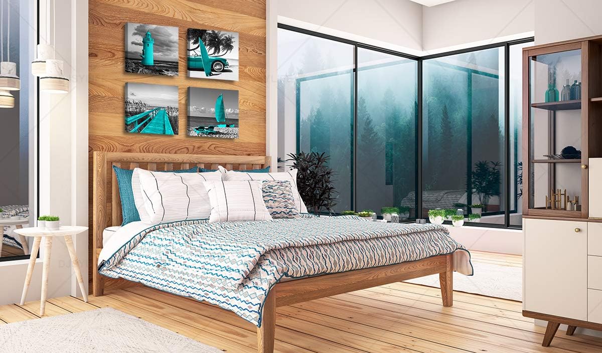 Beach Wall Art Teal Wall Decor Bathroom Decor Sets Accessories Black and White Ocean Lighthouse Painting Palm Tree Surfboard Car Bridge Picture Prints Seascape Office Bedroom Poster 12x12 inches x4