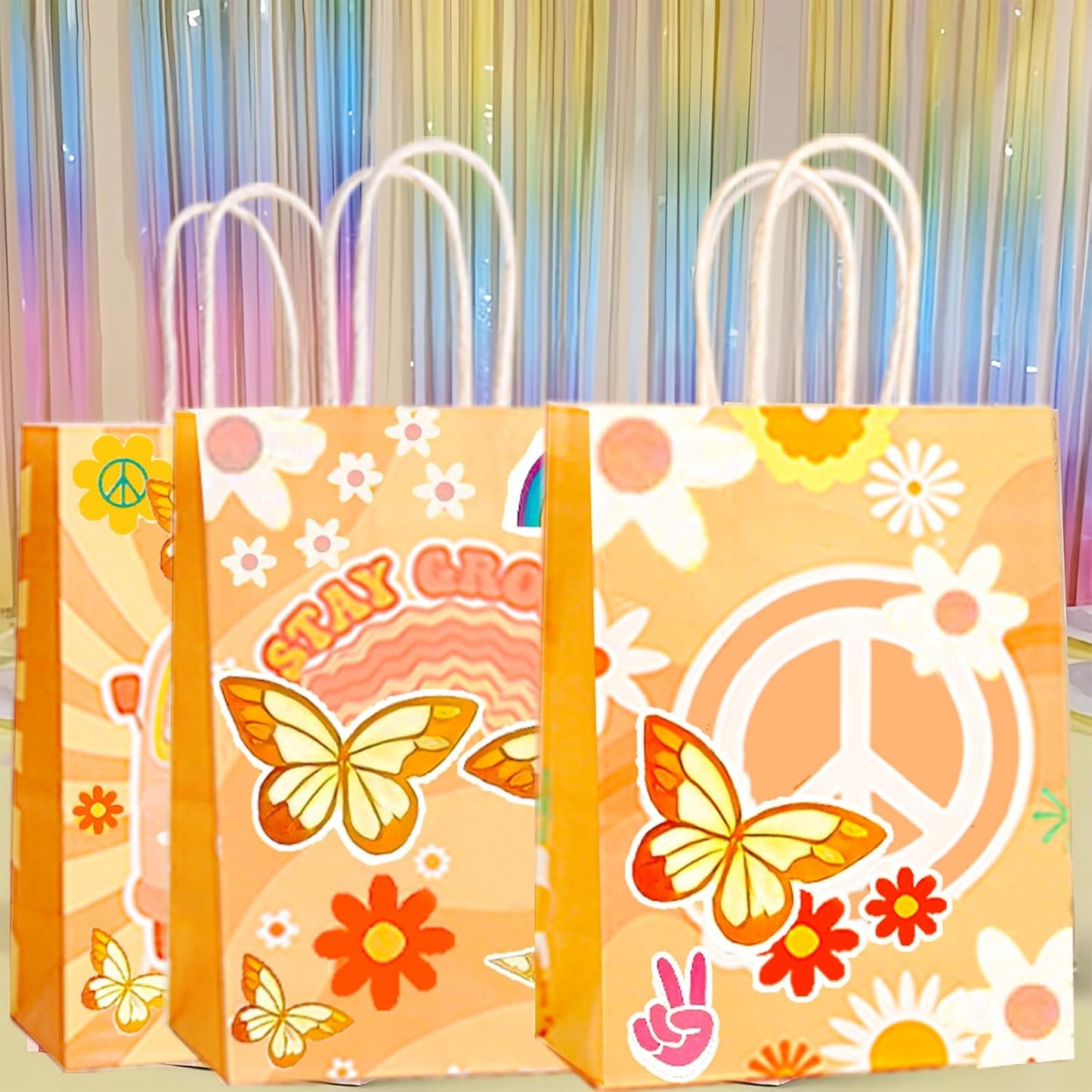 CZWXOXO 24 Pcs Groovy Party Favor Bags 6 Styles Groovy Retro Hippie Goodie Bags Stay Groovy Paper Gift Bags Daisy Flower Treat Bag with Handles for Girls 60's 70's Birthday Baby Shower Party Supplies