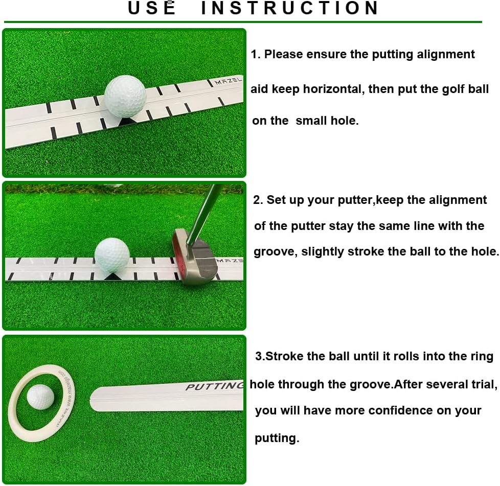 MAZEL Golf Putting Alignment Rail,Alloy Steel Golf Trainer Aid for Putting Green,35 * 1.6 Inch,Precision Distance Control & Instant Feedback (Putting Alignment Rail, Putting Ring, Practice Ball)