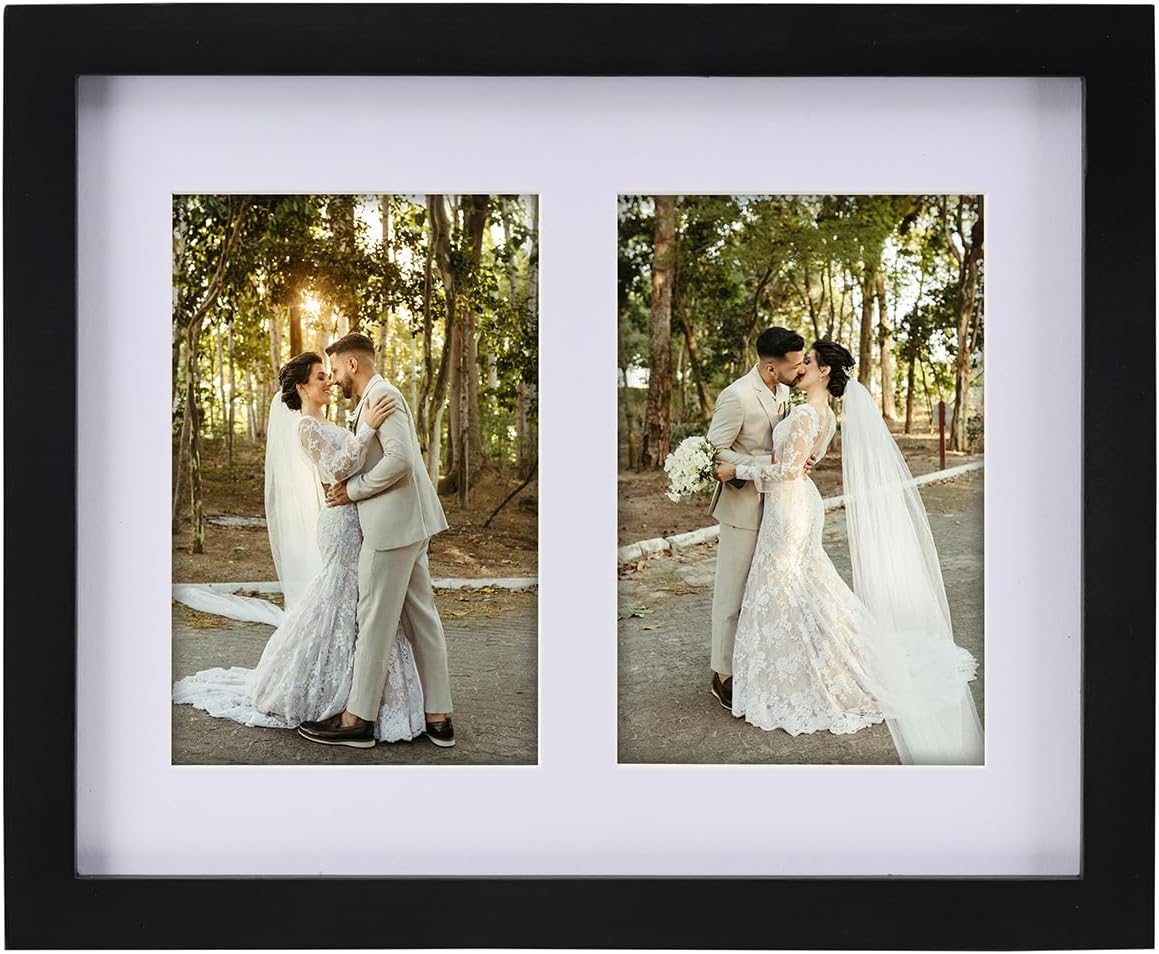 8.5x11 Pine Wood Collage Picture Frame Double 5x7 Picture Frame with Tempered Glass Fits 1Pc Certificate or 2Pcs 5x7 Photos With Mat For Tabletop or Gallery Wall Mounted-Classic Black