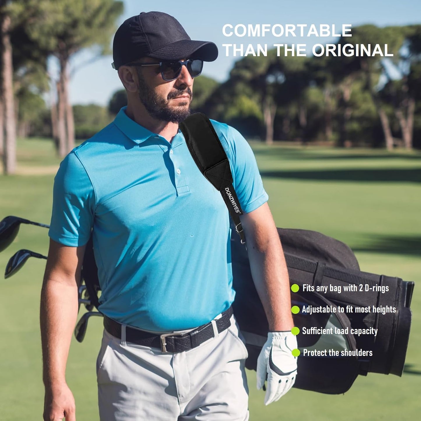 Golf Bag Shoulder Strap Upgraded Single Padded Adjustable Straps Universal Replacement(All in Black,1 Pack)