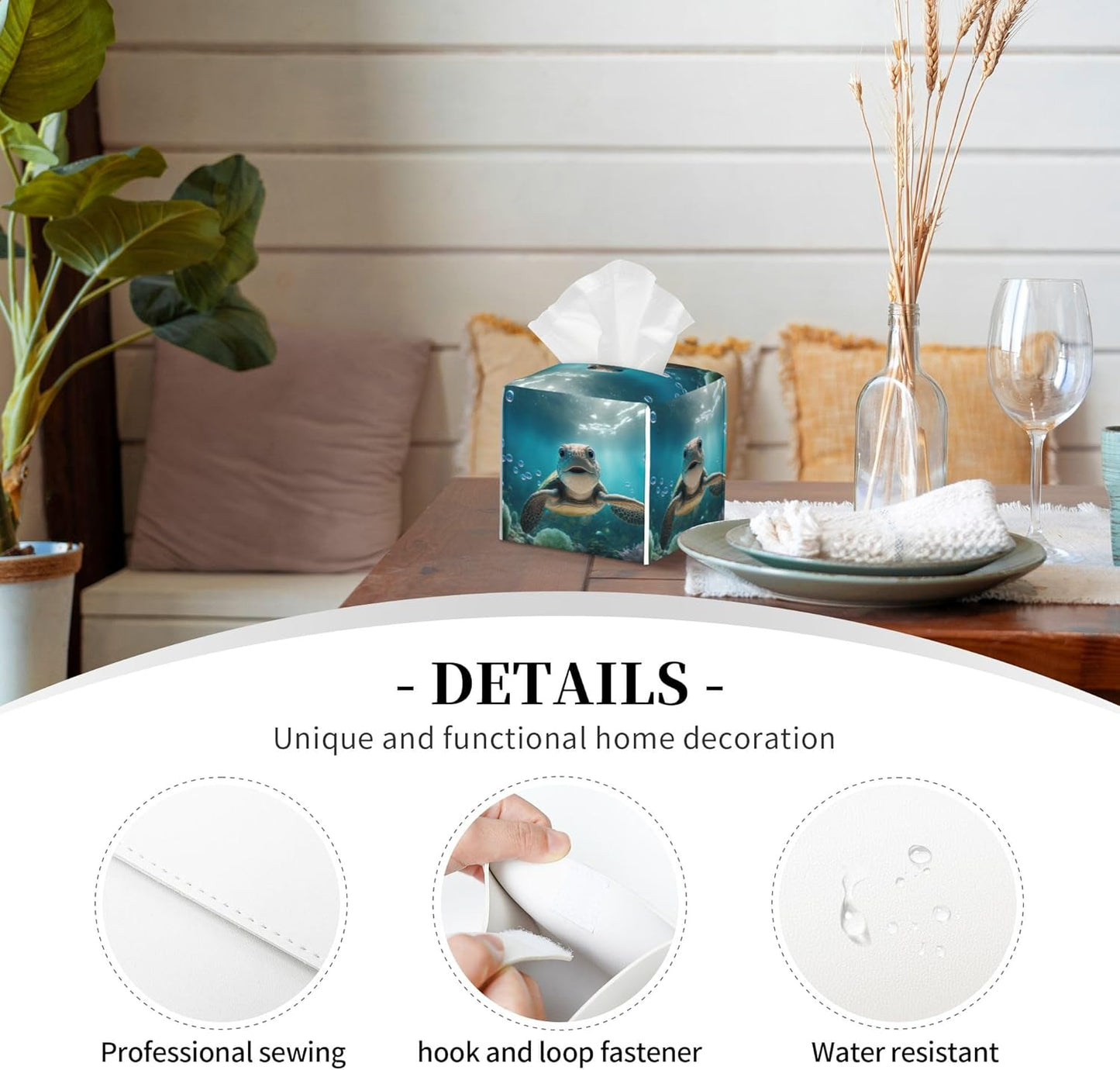 Cute Sea Turtle Tissue Box Cover Square, Blue Ocean Turtle Tissue Box Holder Waterproof Leather Facial Paper Organizer Dispenser for Bathroom Home Car Nightstand Vanity Desk