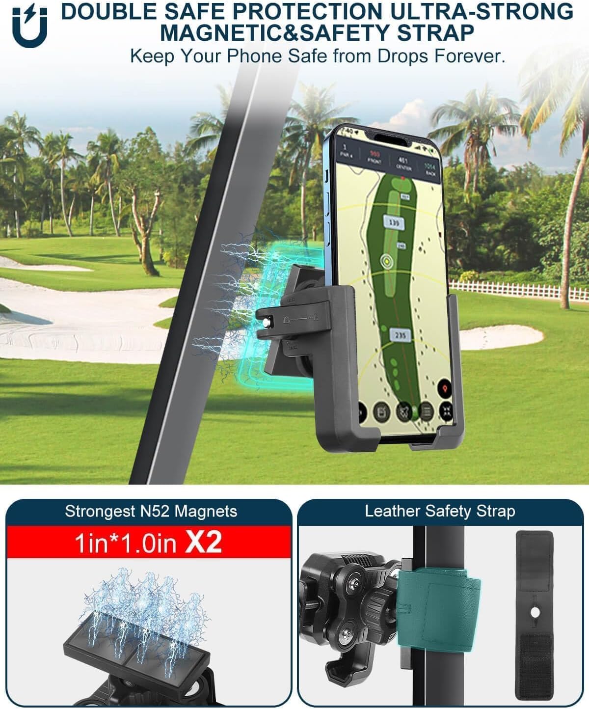 Golf Cart Phone Holder Mount Magnetic with Vibration Dampener Anti Shake, Golf Cart Phone Caddy Compatible with iPhone/Galaxy/Google Pixel/Motorola Fit EZGO/Club Car/Yamaha/ICON/Zone
