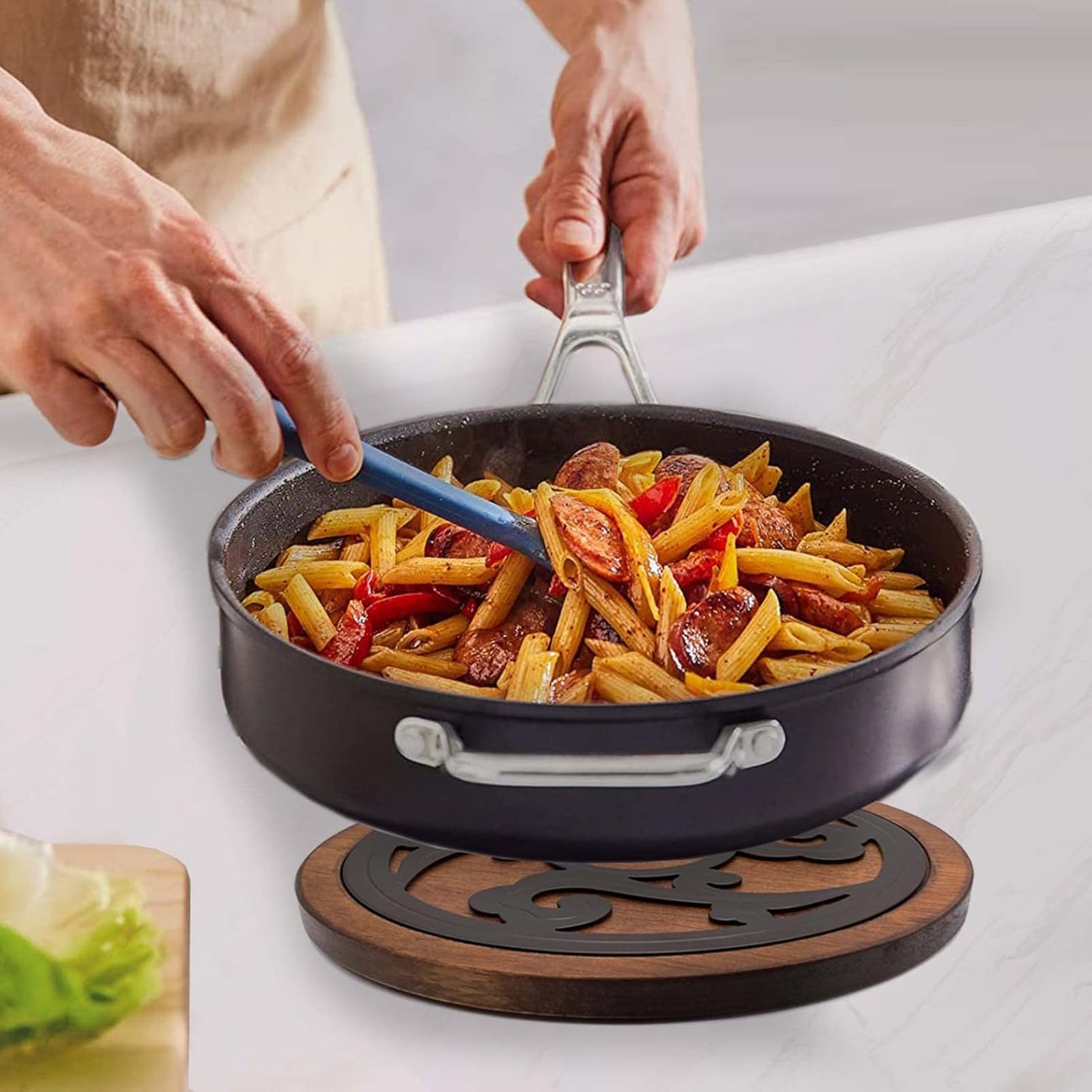 Cast Iron with Wood Trivet, Metal Trivets for Hot Dishes, Decorative 8-inch Round Kitchen Hot Pad, with Vintage Pattern for Serving Pot, Plates & Teapot on Kitchen Countertop or Dinning Table(Black)