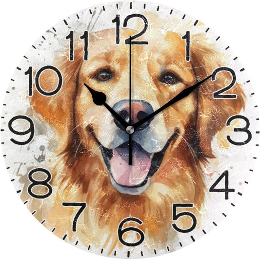 Golden Retriever Dog Wall Clock Battery Operated Non Ticking Silent Quartz Analog Rustic Farmhouse Round Clock Retro Decor for Home Kitchen Living Room Bathroom