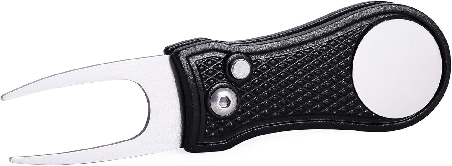 Mile High Life Golf Divot Repair Tool, All Metal Foldable Divot Tool with Pop-up Button & Magnetic Ball Marker