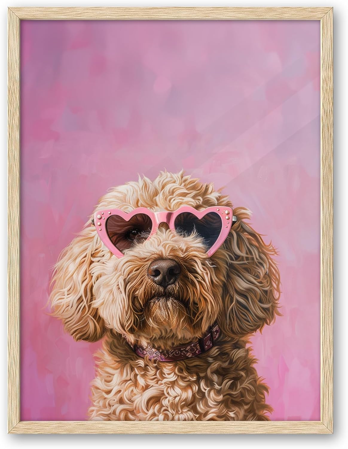 iHery Natural OAK Wood Pink Goldendoodle Dog Framed Wall Art, 12x16 in Funky Preppy Heart-Shaped Glasses Canvas Wall Art Decor For Bedroom, Cute Dog Prints Apartment Bathroom Living Room Set of 1