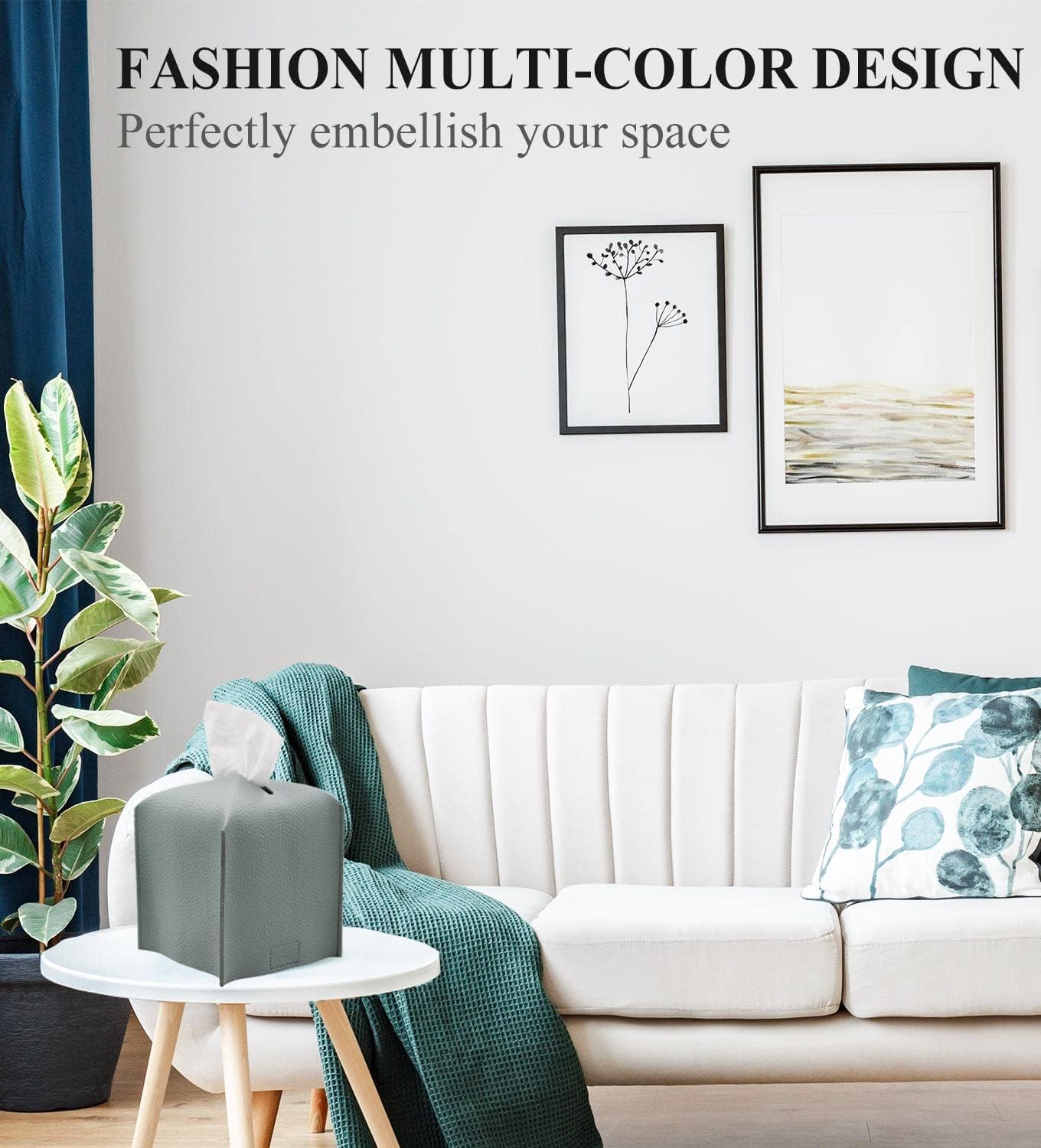 Livelab Tissue Box Cover Holder, Square Modern Decoration PU Leather Facial Tissues Case Roll Paper Dispenser for Bathroom Vanity Countertop, Night Stands, Office Desk Car 5X5X5'' | Water Blue