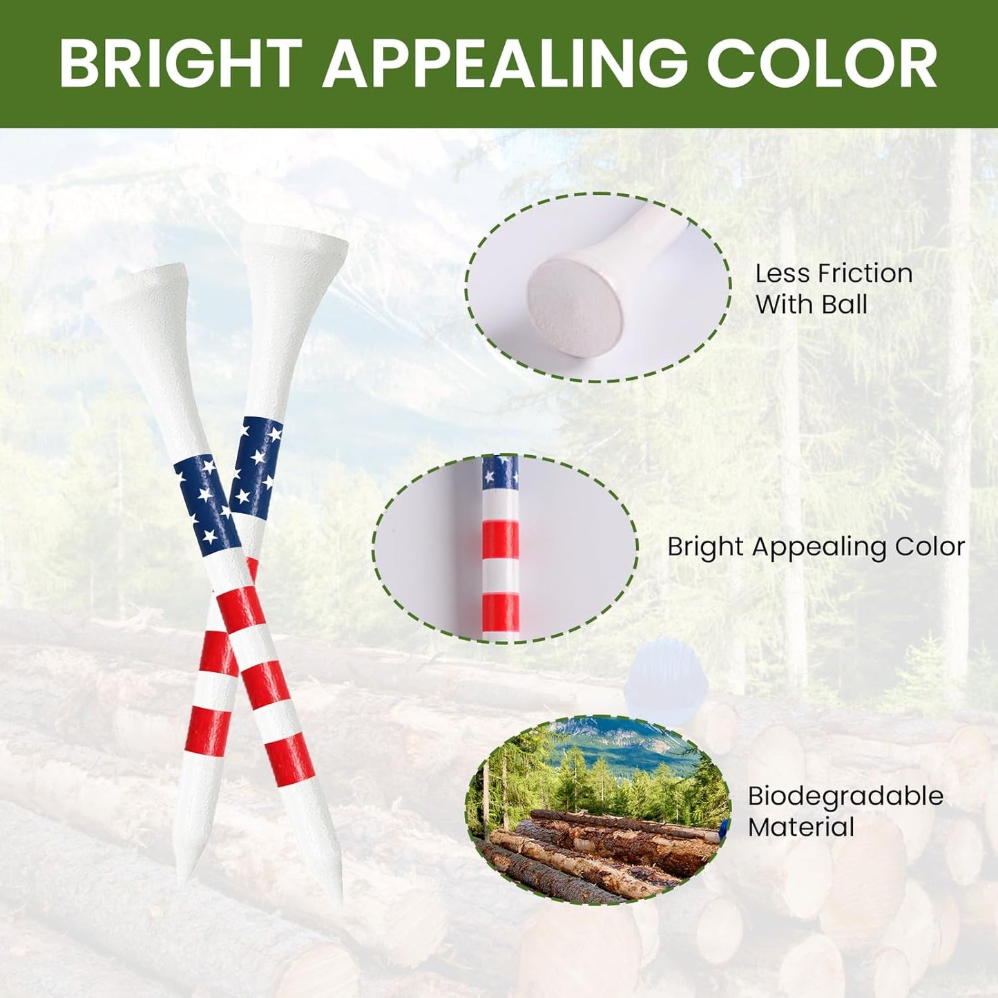 FINGER TEN Bamboo Golf Tees Wood 1 1/2 2 3/4 3 1/4 Inch Wooden Short Long Tee Color Bulk 250/500/1000/2000 Count for Men Women Kids in Red Pink USA Flag