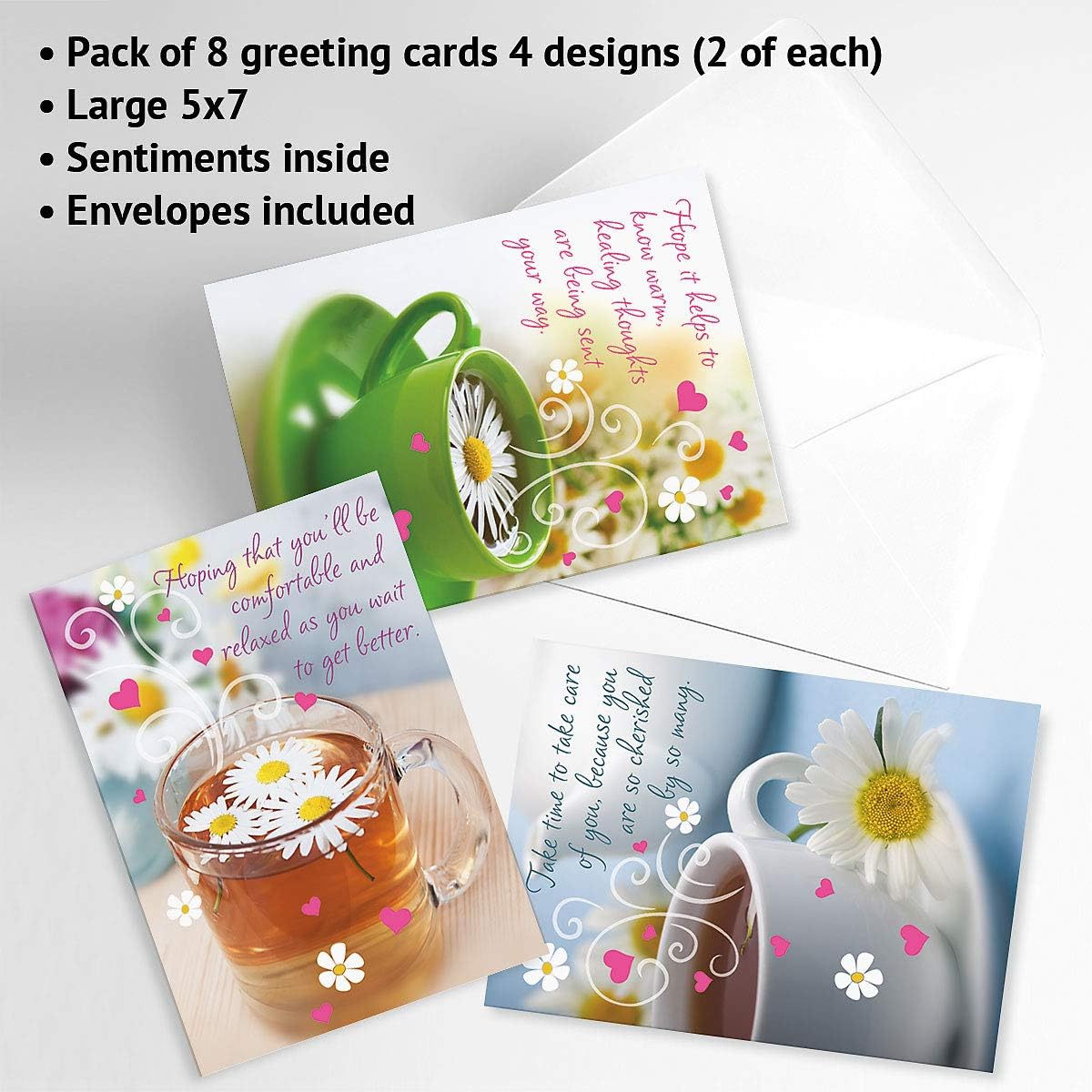 Teacup Get Well Greeting Cards - Set of 8 (4 Designs), Large 5" x 7", Sympathy Cards with Sentiments Inside, White Envelopes