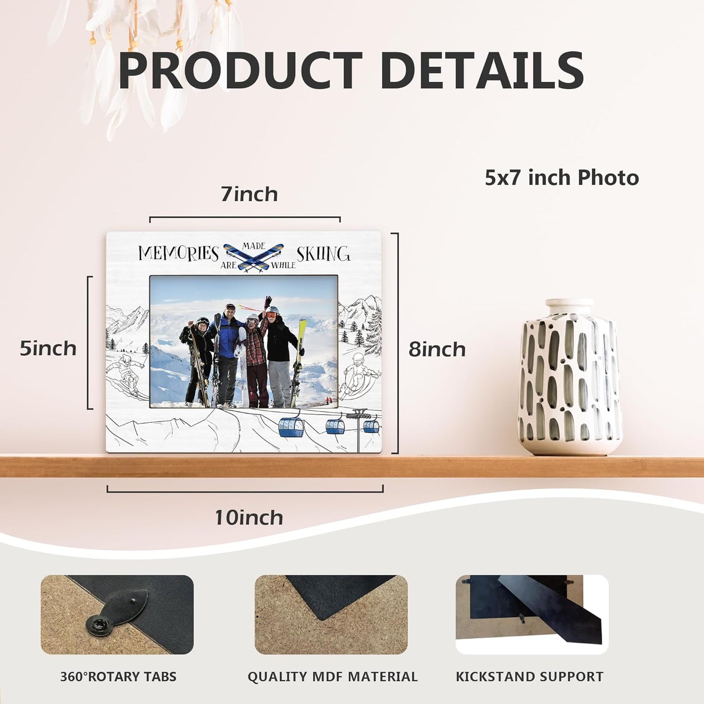 Ski Gifts Picture Frame 5x7, Gifts for Skiers Photo Frame, Ski Lover Gift for Skiers Women Men Friends, Memories are Made While Skiing Wooden Picture Photo Frames for Desk Home Room Decor