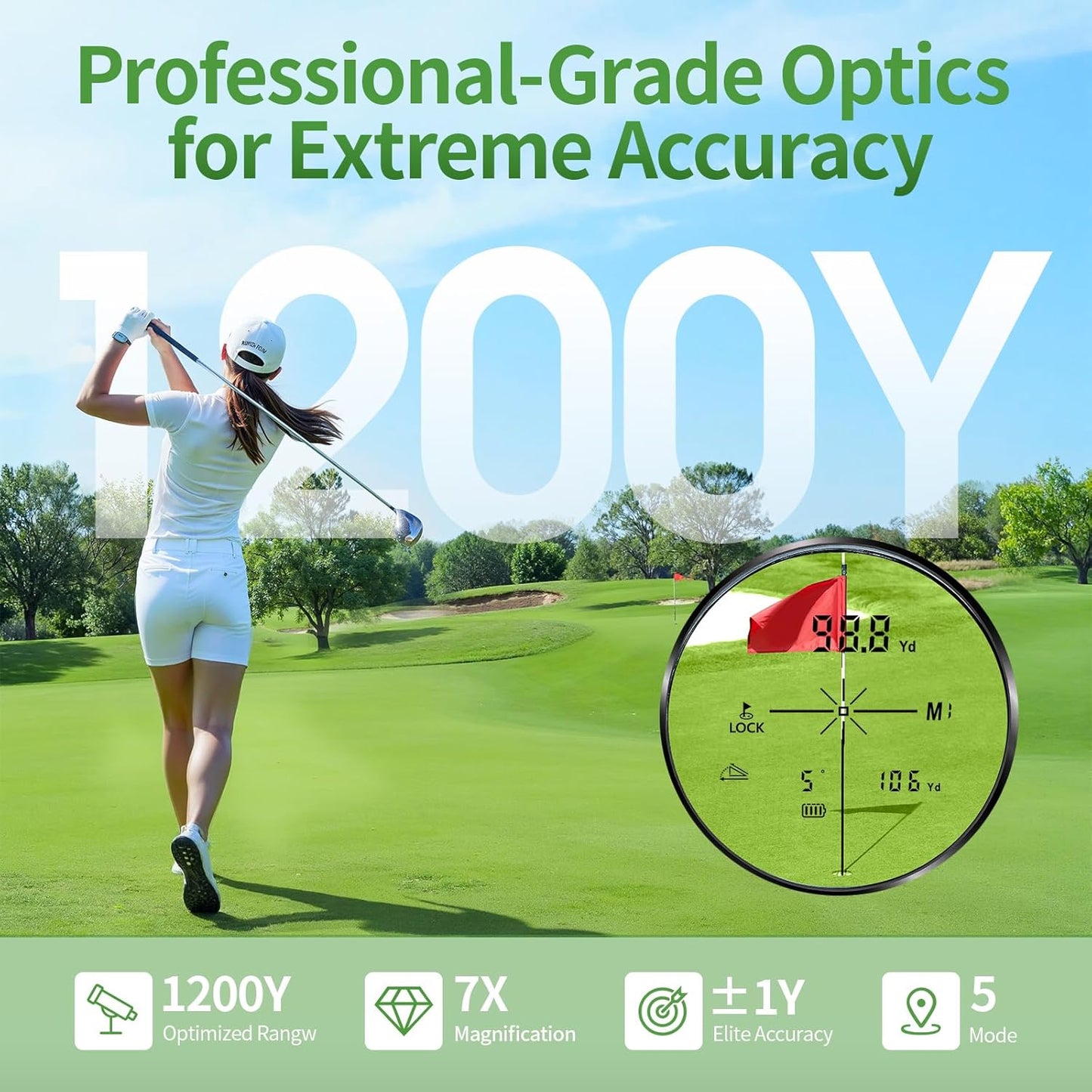 JUANGU Golf Rangefinder with Slope Switch & Magnetic Mount | Highly Accurate ±1 Yard Laser Range Finder for Golf & Hunting | 1200 Yards | 7X Magnification | IP54 Waterproof