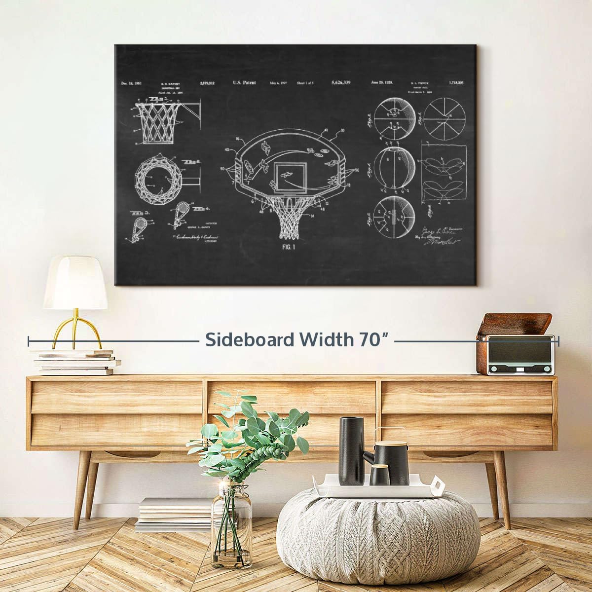 ElephantStock Basketball Patents Canvas - 1 Panel Sports Patent Wall Art Decor - Sports Decorations for Boys Room - Wall Art and Office Decor - 51" X 34"