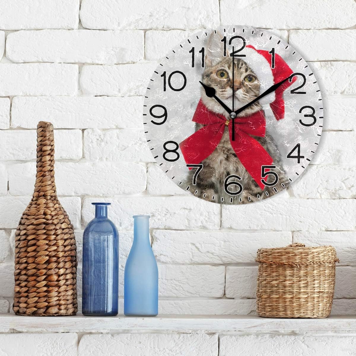 Merry Christmas Cat Red Santa's Hat Wall Clock Battery Operated Non Ticking Silent Quartz Analog Rustic Farmhouse Round Clock Retro Decor for Home Kitchen Living Room Bath