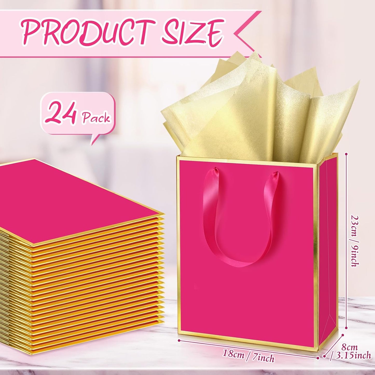 Yeaqee 24 Pack Metallic Paper Gift Bags with Handle and Tissue 9x7x3.1 Gold Foil Welcome Favor Bags Return Gifts for Wedding Fall 5 Senses Christmas Bridesmaid Birthday(Hot Pink and Gold)