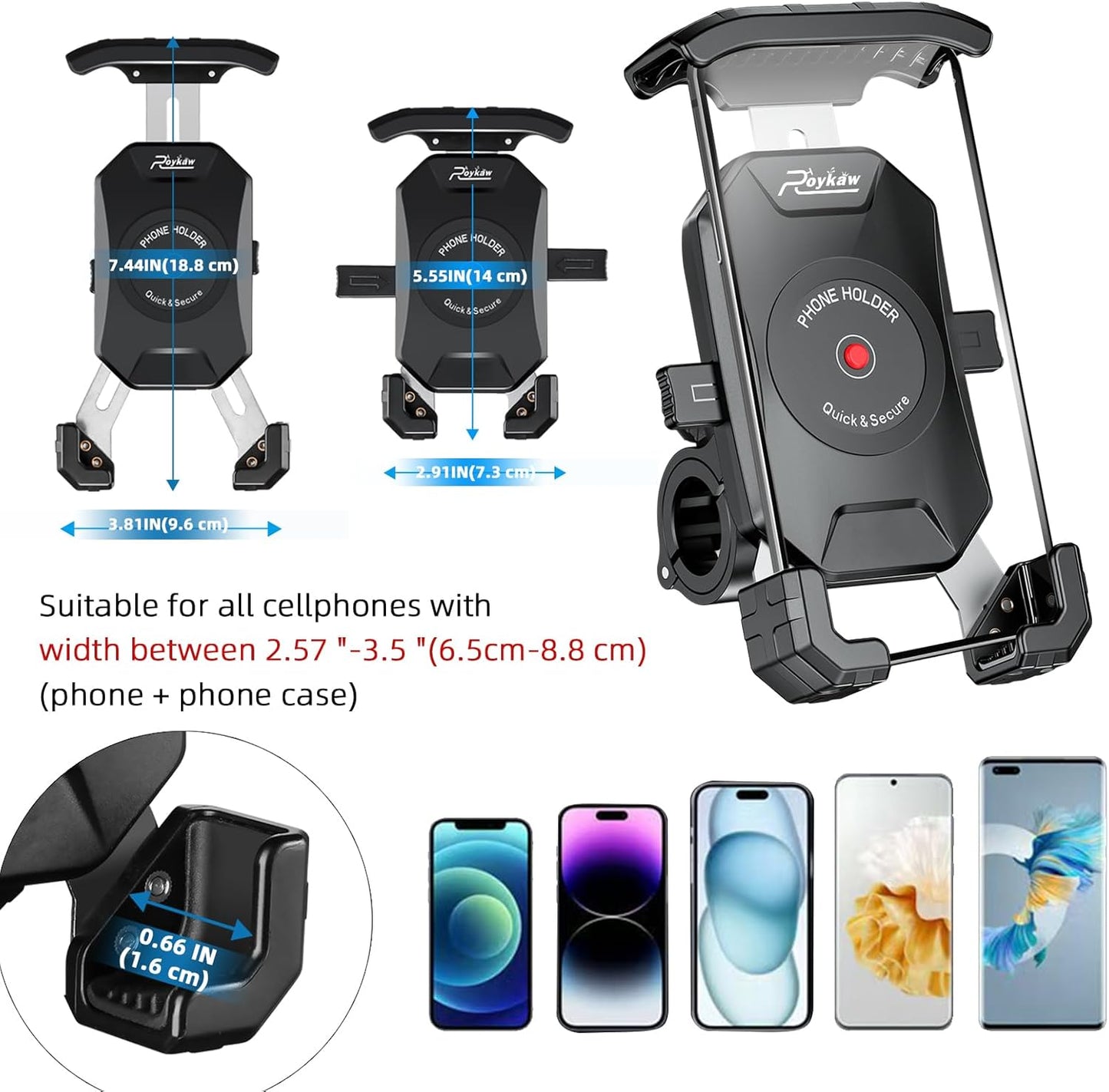 Roykaw Golf Push Cart Phone Holder Mount Compatible with Caddytek,Clicgear,Sun Mountain,Rovic, Caddy, Bag Boy,Golf Push Cart Accessories for Cell Phones,Full Silicone Protection/ 360°Rotatable