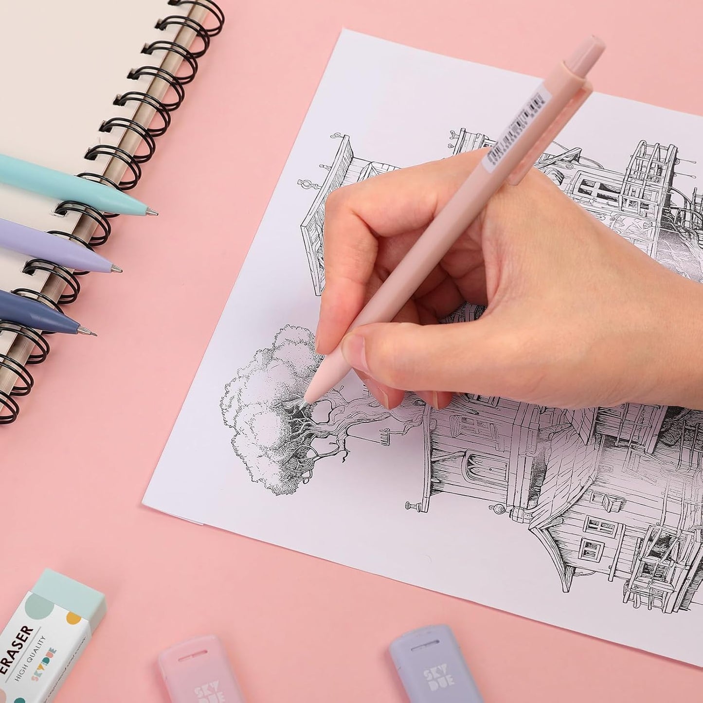 SKYDUE Cute Mechanical Pencils Set, 0.5mm & 0.7mm Mechanical Pencils, 360PCS HB Lead Refills, 4PCS Pastel Erasers, Pastel Aesthetic School Supplies for Writing, Drawing and Sketching