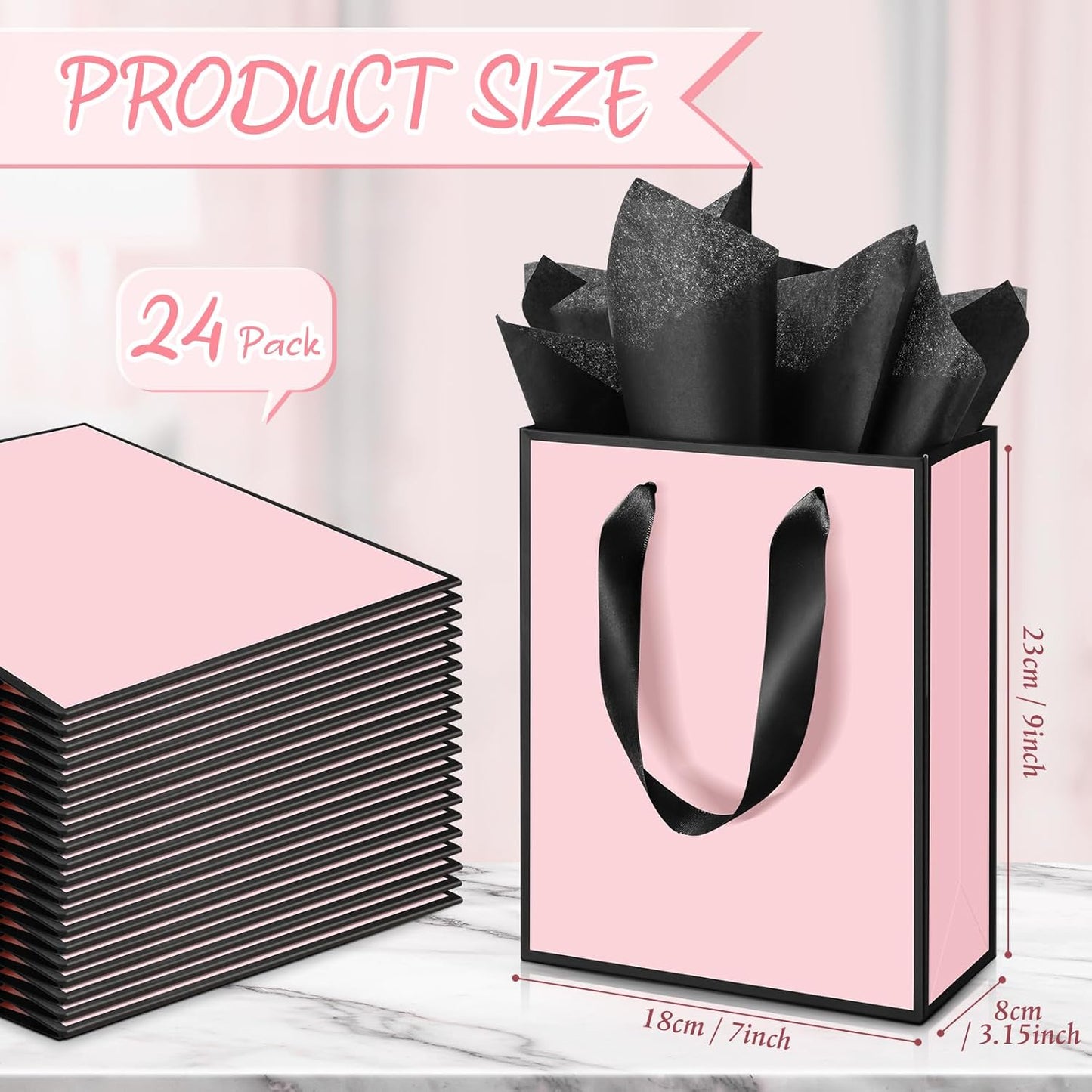 Yeaqee 24 Pack Metallic Paper Gift Bags with Handle and Tissue 9x7x3.1 Gold Foil Welcome Favor Bags Return Gifts for Wedding Fall 5 Senses Christmas Bridesmaid Birthday(Light Pink and Black)