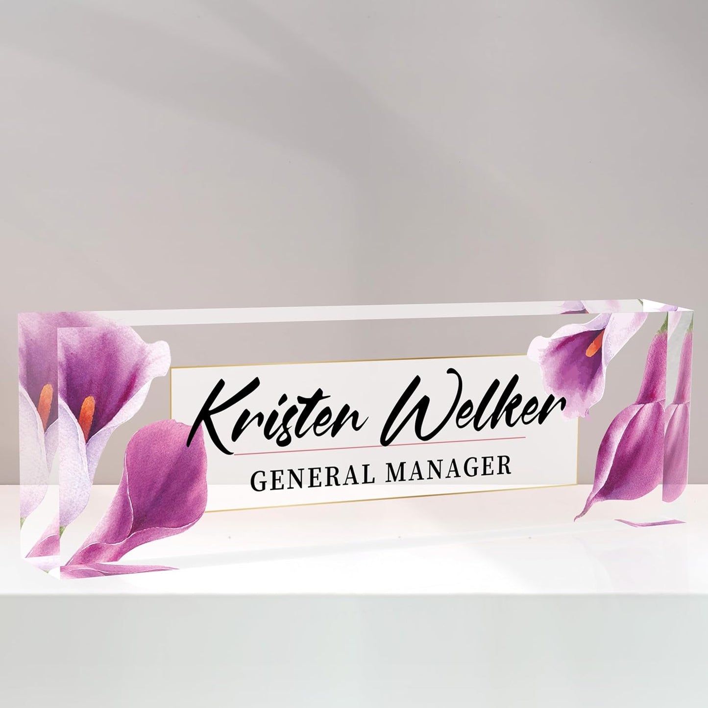 Personalized Name Plate for Desk Custom Acrylic Desk Name Plate Custom Employee Appreciation Gifts Office Gifts for Women, Men, Boss, Coworkers, Teacher, Nurse (Purple Calla Lily)