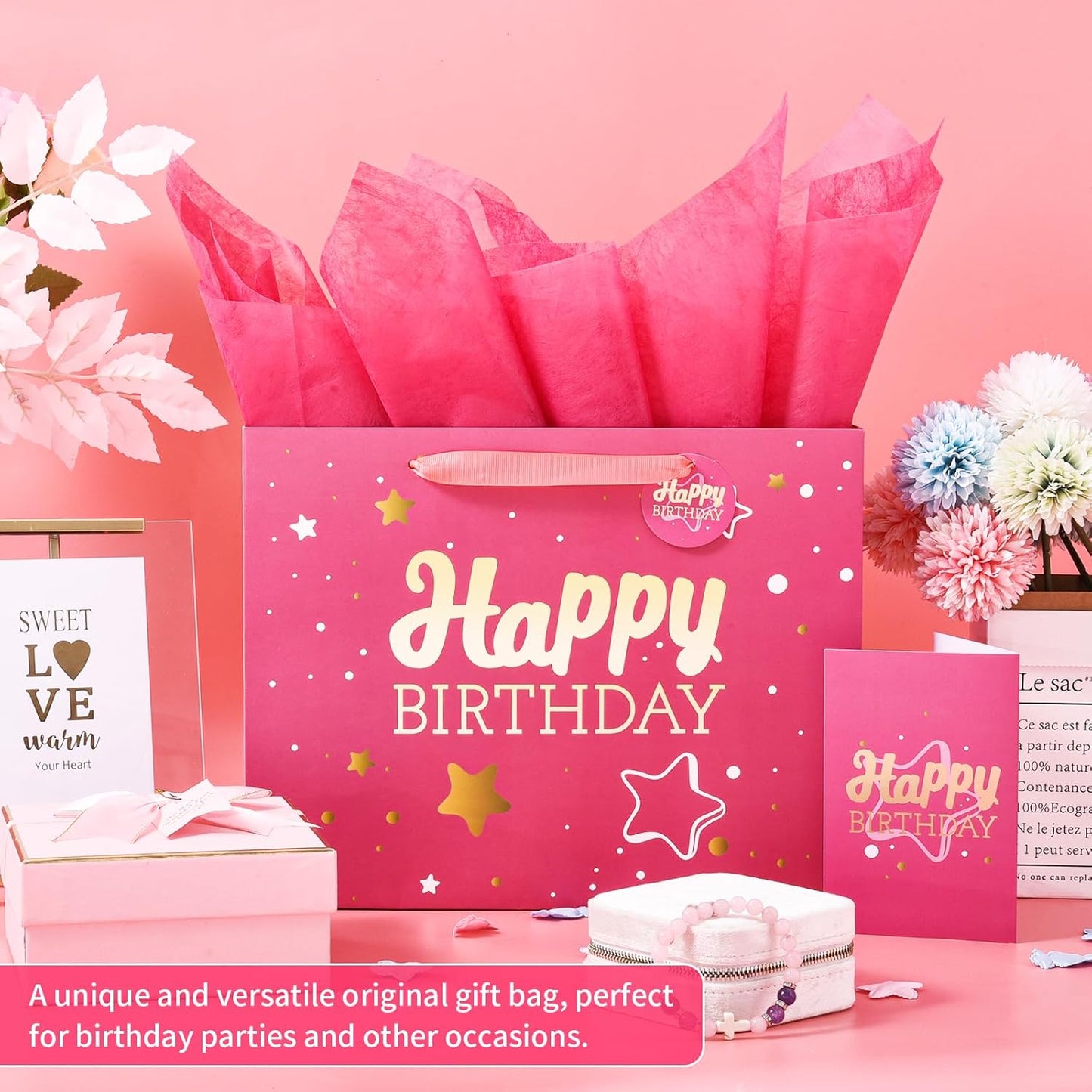 Powbrace 13" Pink Happy Birthday Gift Bag with Tissue Paper and Greeting Card for Party,Happy Birthday Gift Bag for Men Women,Gift Bags Medium size(1 PCS Pink Hot Stamping)