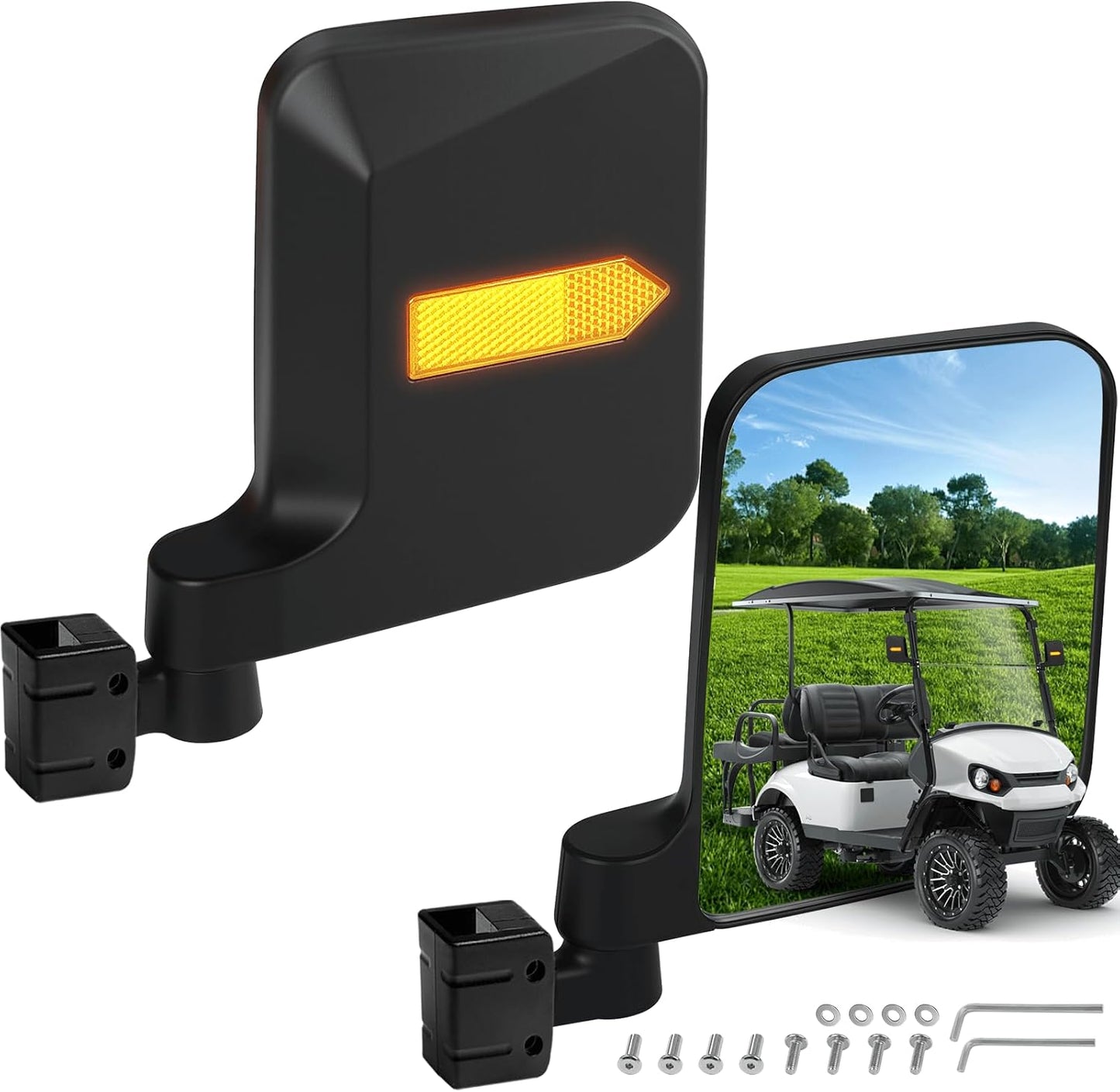 No Drilling Golf Cart Side Mirrors with Built-In Reflector, Universal HD Folding Side View Mirrors Fit EZGO, Club Car, Yamaha Golf Carts, for 0.75"/1"/1.25" Square Strut, Shatterproof Anti-Fog Glass