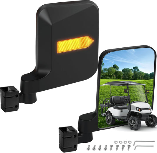 No Drilling Golf Cart Side Mirrors with Built-In Reflector, Universal HD Folding Side View Mirrors Fit EZGO, Club Car, Yamaha Golf Carts, for 0.75"/1"/1.25" Square Strut, Shatterproof Anti-Fog Glass