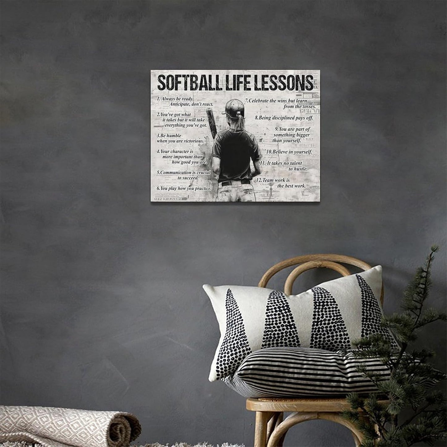 Softball Sports Wall Art Softball Life Lessons Wall Decor Softball Sign Retro Poster Boy Girls Men Room Motivational Decorations Canvas Print Painting Artwork for Bedroom Bathroom Living Room 16"x12"