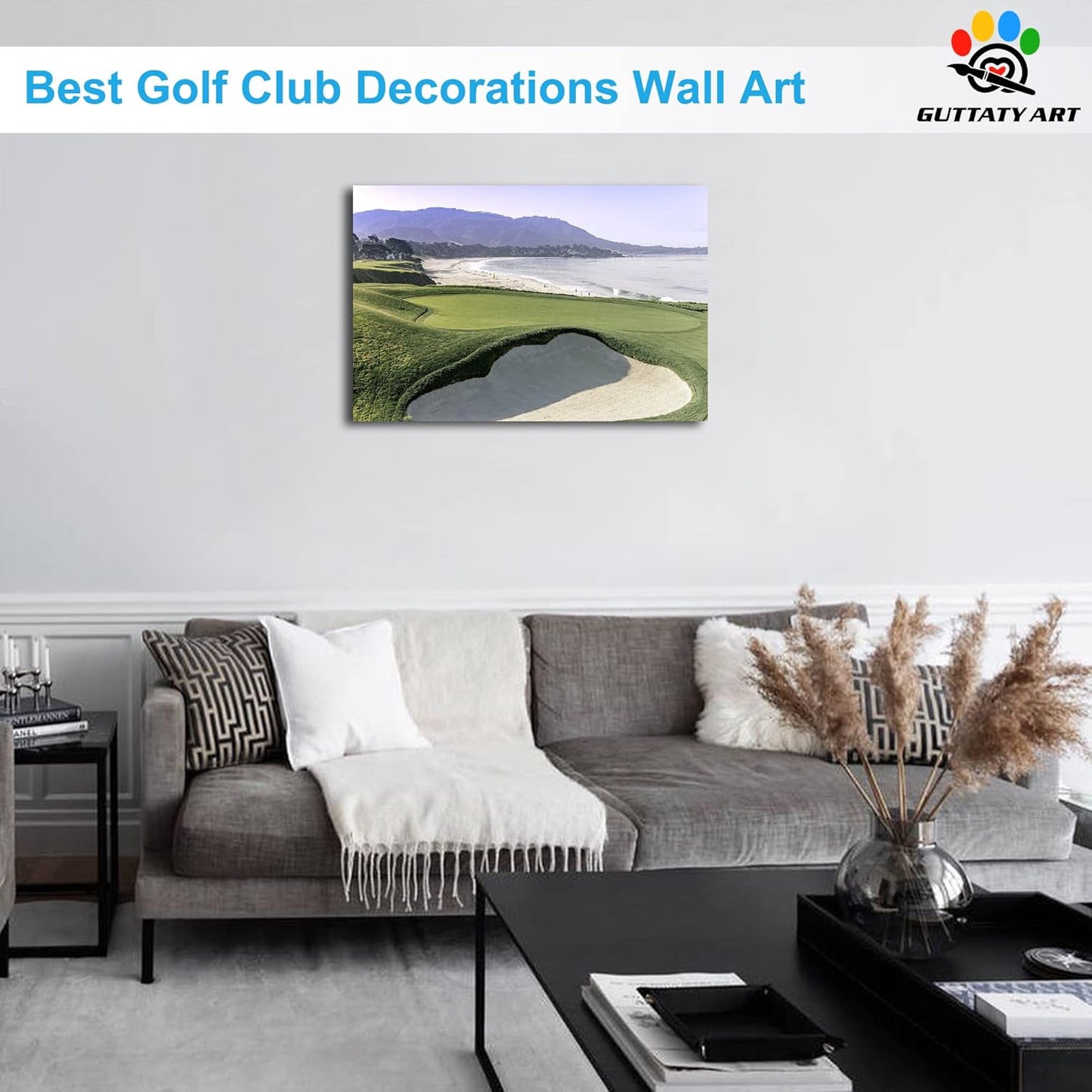 Beach Golf Wall Art, Pebble Beach Golf Links Spiritual Picture for Living Room Wall Decor, Outdoor Sports Golf Painting Prints Bedroom Kitchen Decor, Framed Artwork for Office Home 12x18 Inches