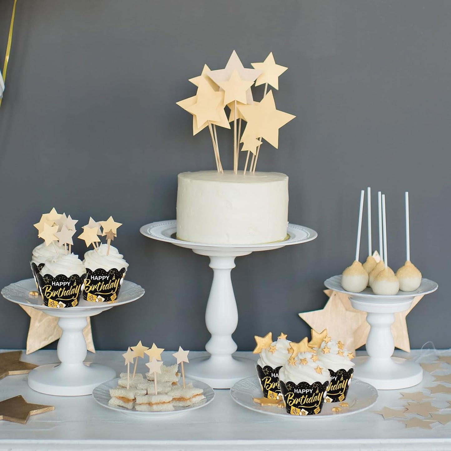 Whaline 36Pcs Happy Birthday Cupcake Wrappers Black Gold Birthday Cupcake Liners Decorative Cupcake Holders for Baby Shower Birthdays Party Cake Decoration