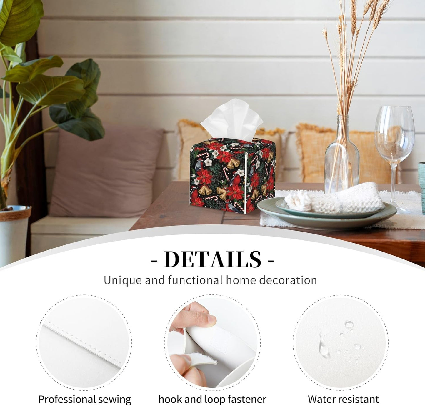 Christmas Poinsettia Flowers Tissue Box Cover Square,Xmas Bells Candy Cane Tissue Box Holder Waterproof Leather Facial Paper Organizer Dispenser for Bathroom Home Car Nightstand Vanity Desk