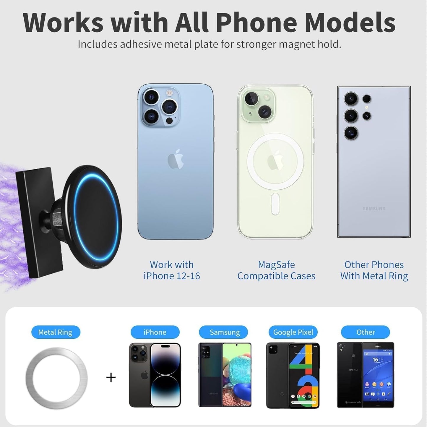 Magnetic Golf Cart Phone Holder Work with Magsafe iPhone 16-12 Series and All Phones, Fits Yamaha, EZGO, Club Car Golf Cart, Alloy Strong Magnetic Phone Mount for Gym, Kitchen, with Metal Ring