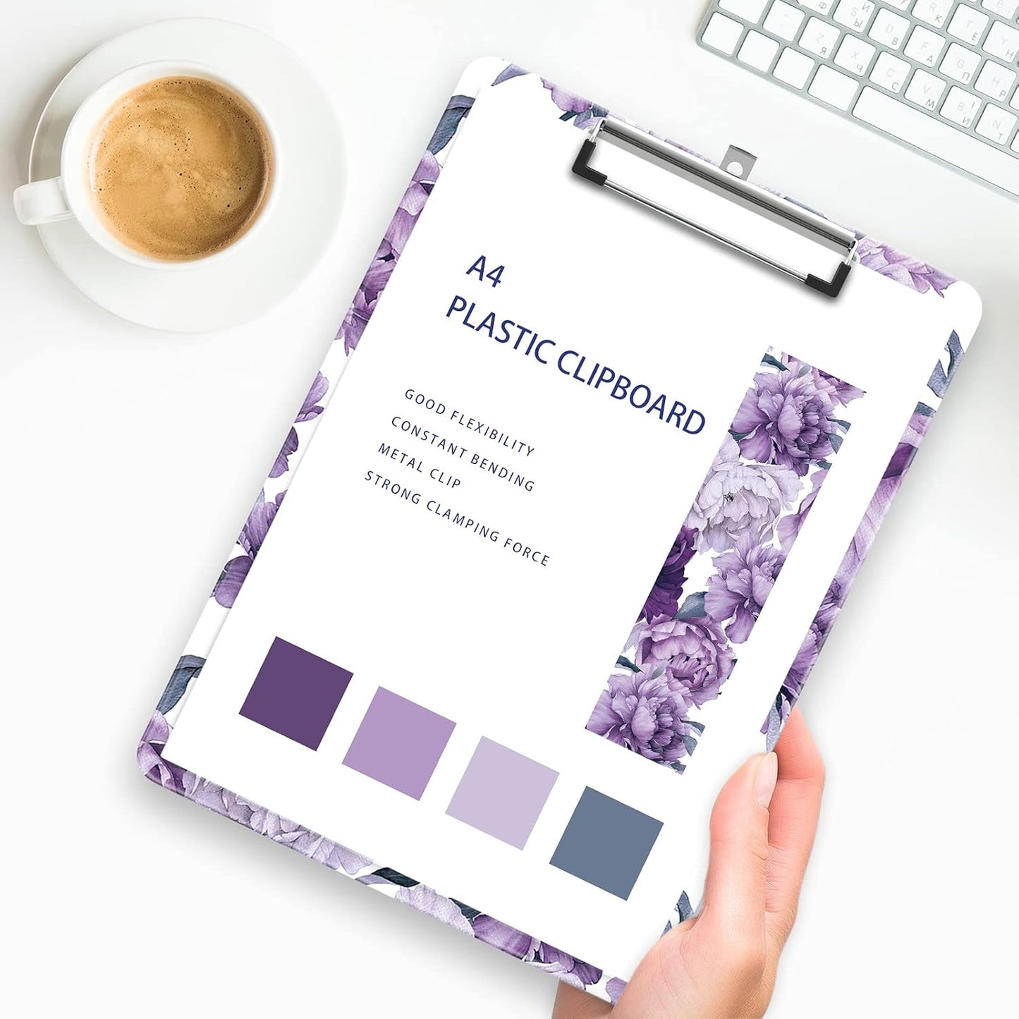 Plastic A4 Clipboards, Cute Clip Board Stardard Letter Size 9 x 12.5 in, Office Decorative for Students Women Men and Kids, Purple Flower