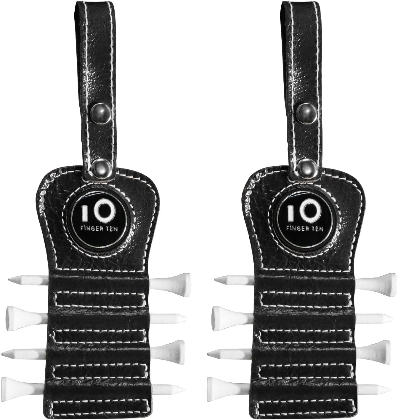 FINGER TEN Golf Tee Holder with Ball Marker and 4 Pcs Wood Tees Value 1/2 Pack, Luxury Leather Gift Hook to Golf Bag Belt Clip