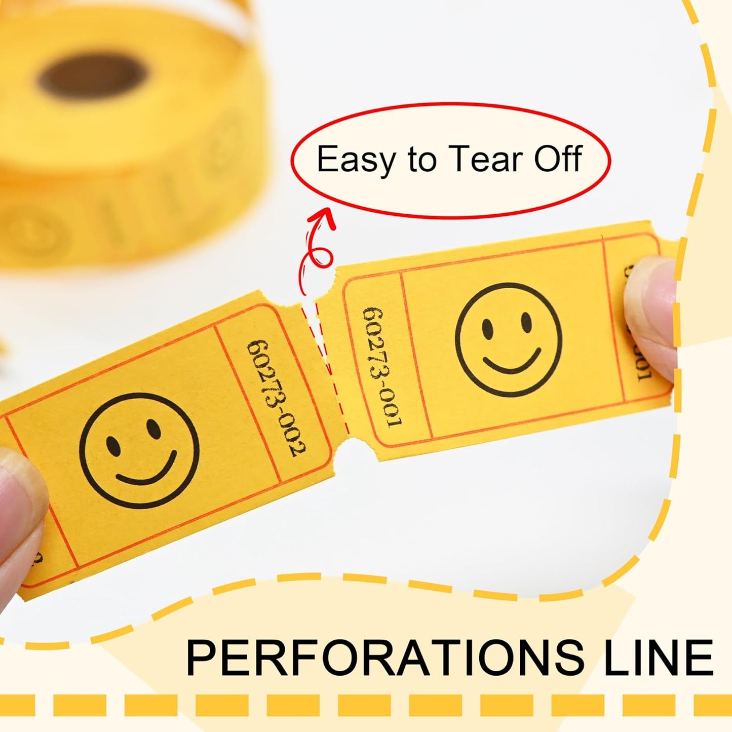 L LIKED 500 Raffle Tickets, Smile, Yellow (6 Color Selection), Single Roll, Ticket for Events, Entry, Class Reward, Raffle & Prizes