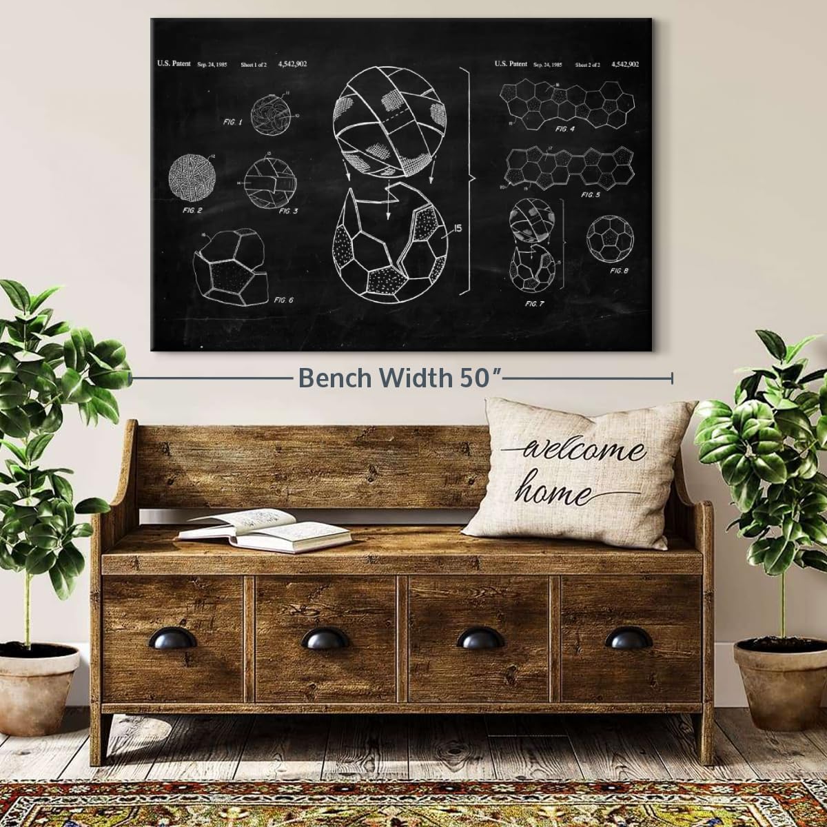 ElephantStock Soccer Ball BW Patent Canvas - 1 Panel Sports Patent Wall Art Decor - Sports Decorations for Boys Room - Wall Art and Office Decor - 45" X 30"