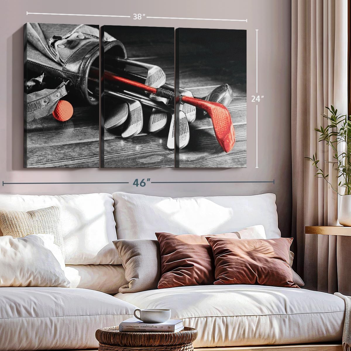 ElephantStock Golf Equipment Pop Wall Art - Horizontal Canvas - 3-Piece Living Room Wall Decor - Photography Sports Canvas Print - Black and Gray Decor for Wall - 38" X 24"