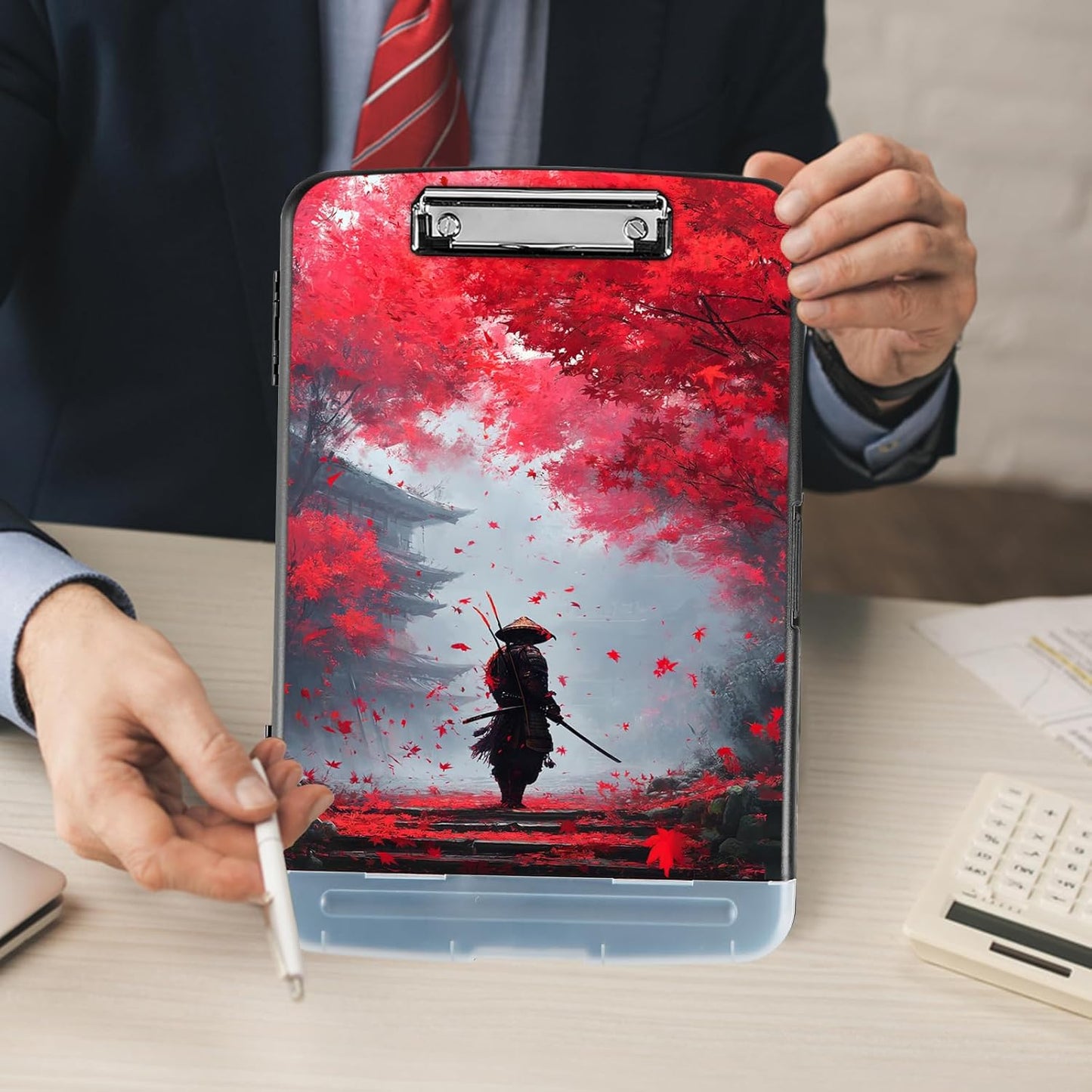 Clipboard with Storage - Large Capacity,Nursing Clipboard with Pen Holder,Heavy Duty,Plastic Side-Opening Folder for Teacher,Nurse - Japanese Samurai