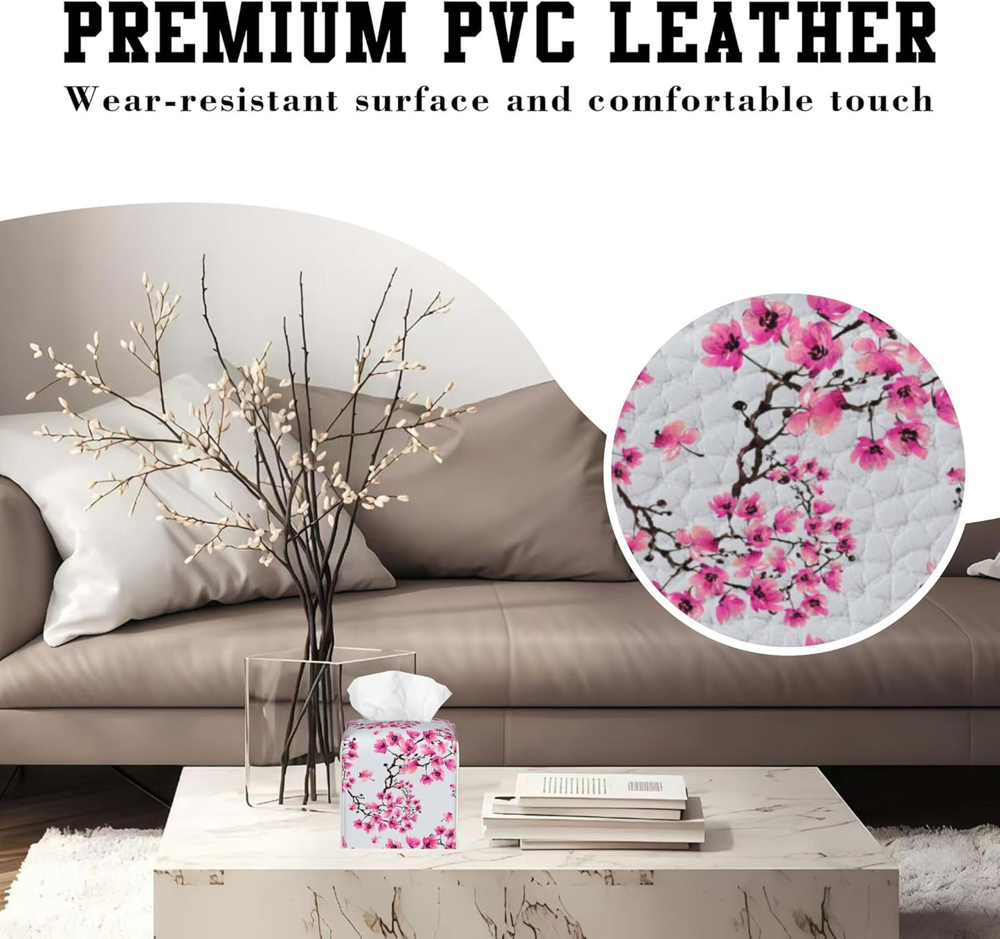 Cherry Blossom Flowers Tissue Box Cover Square, Tissue Box Holder Leather Facial Paper Case Decorative Organizer Holder Dispenser Home Office Car Decor