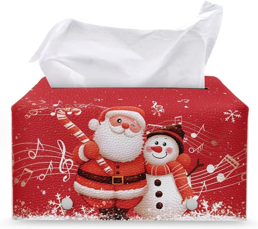 Red Tissue Box Cover Christmas Santa & Snowman Tissue Cover Xmas Home Decor Waterproof Leather Facial Paper Box Holder for Desk Bathroom Vanity Countertop