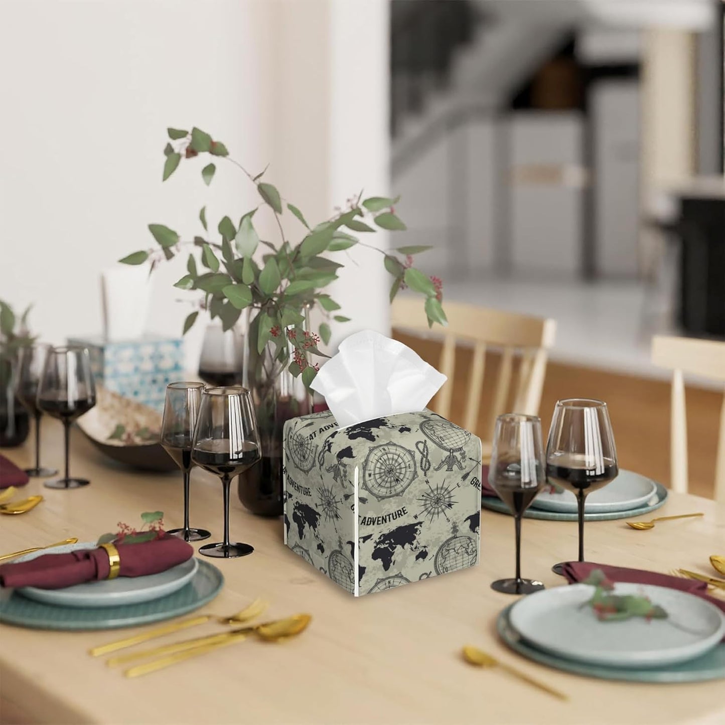 Tissue Box Cover Square,Retro Globe World Map Tissue Box Holder Waterproof Leather Facial Paper Case Modern Home Decoration for Bedroom Dresser Night Stand Office Desk