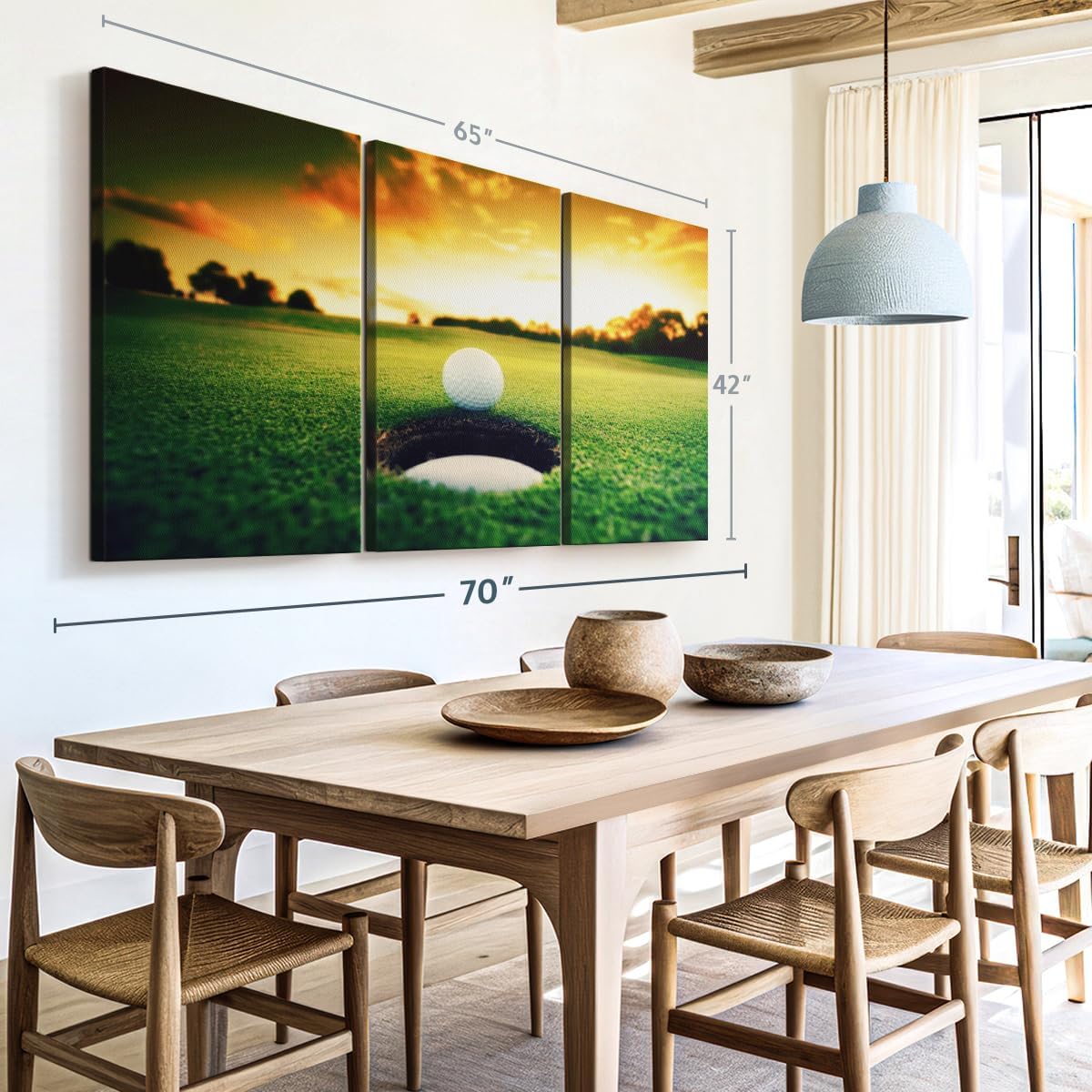 ElephantStock Golf Ball Wall Art - Horizontal Canvas - 3-Piece Living Room Wall Decor - Photography Sports Canvas Print - Orange and Yellow Decor for Wall - 65" X 42"