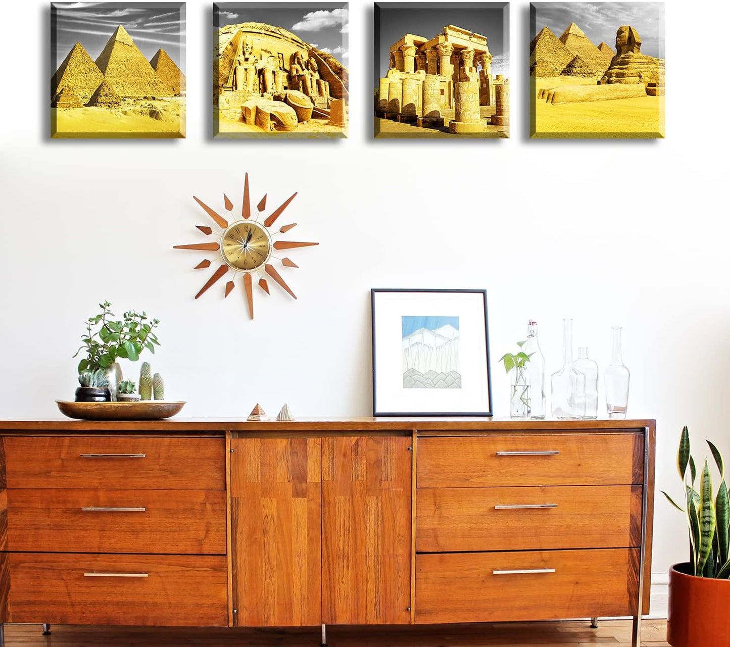 DJSYLIFE Bedroom Decor Gold Wall Art Egyptian Pyramids Canvas Print Picture Gray White Posters Modern Artwork for for Living Room Bathroom Office Home Decoration Framed Ready to Hang 12"X12"X4