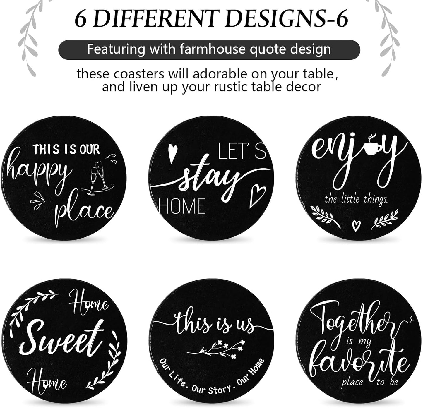 Queekay Housewarming Gifts for Home Decoration Wooden Heart Coasters for Drinks 6 Set Farmhouse Coasters with Holder Funny for Family Coffee Table Protection, 4''(Black)