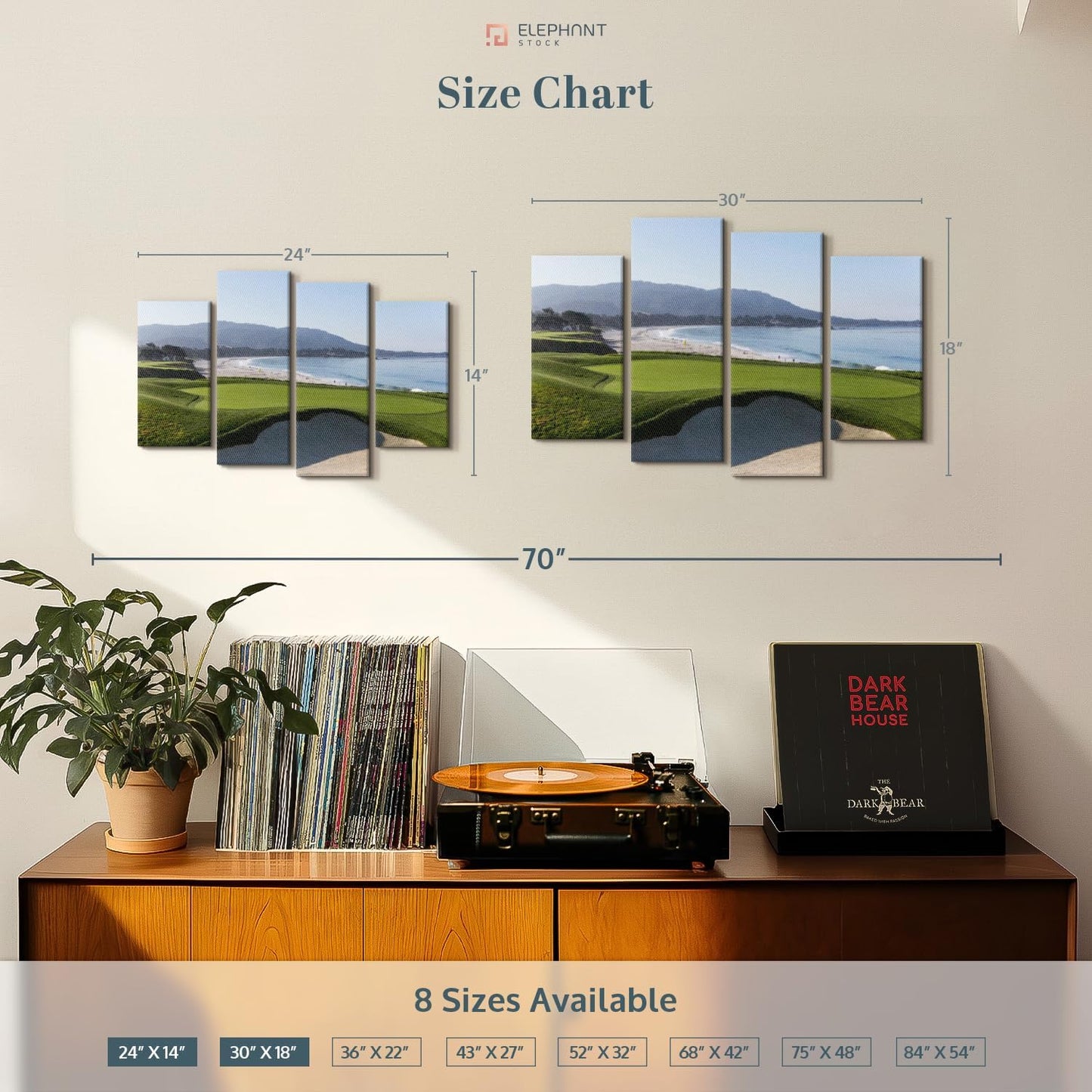 Elephant Stock Monterey CA Golf Course Wall Art - Horizontal Canvas - 4-Piece Living Room Wall Decor - Photography Sports Canvas Print - Blue and Green Decor for Wall - 24" X 14"