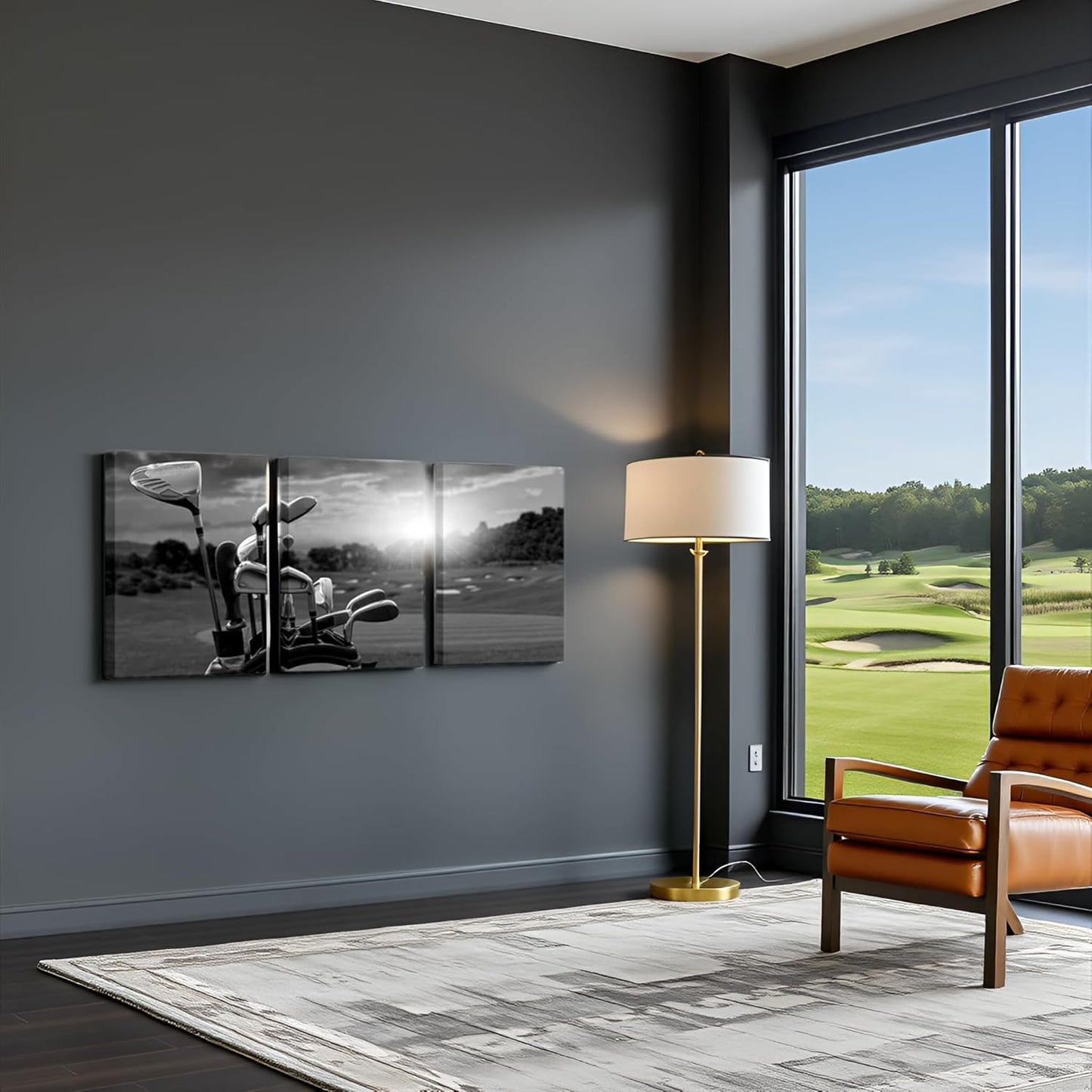 LevvArts 3 Panel Black and White Golf Canvas Wall Art Golf Course at Sunset Landscape Pictures Painting Golfing Sports Artwork Decor for Living Room Gym Ready to Hang (Small)
