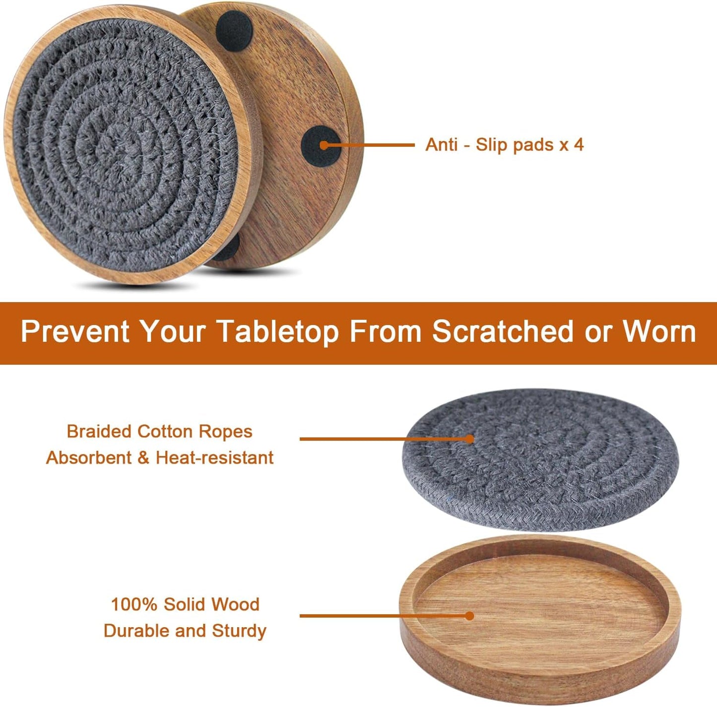 Coasters for Drinks Absorbent Sets of 8, Woven Coasters with Holder, Wood Coasters for Coffee Table, Housewarming Gift for Farmhouse Home Decor, 4 inches Gray