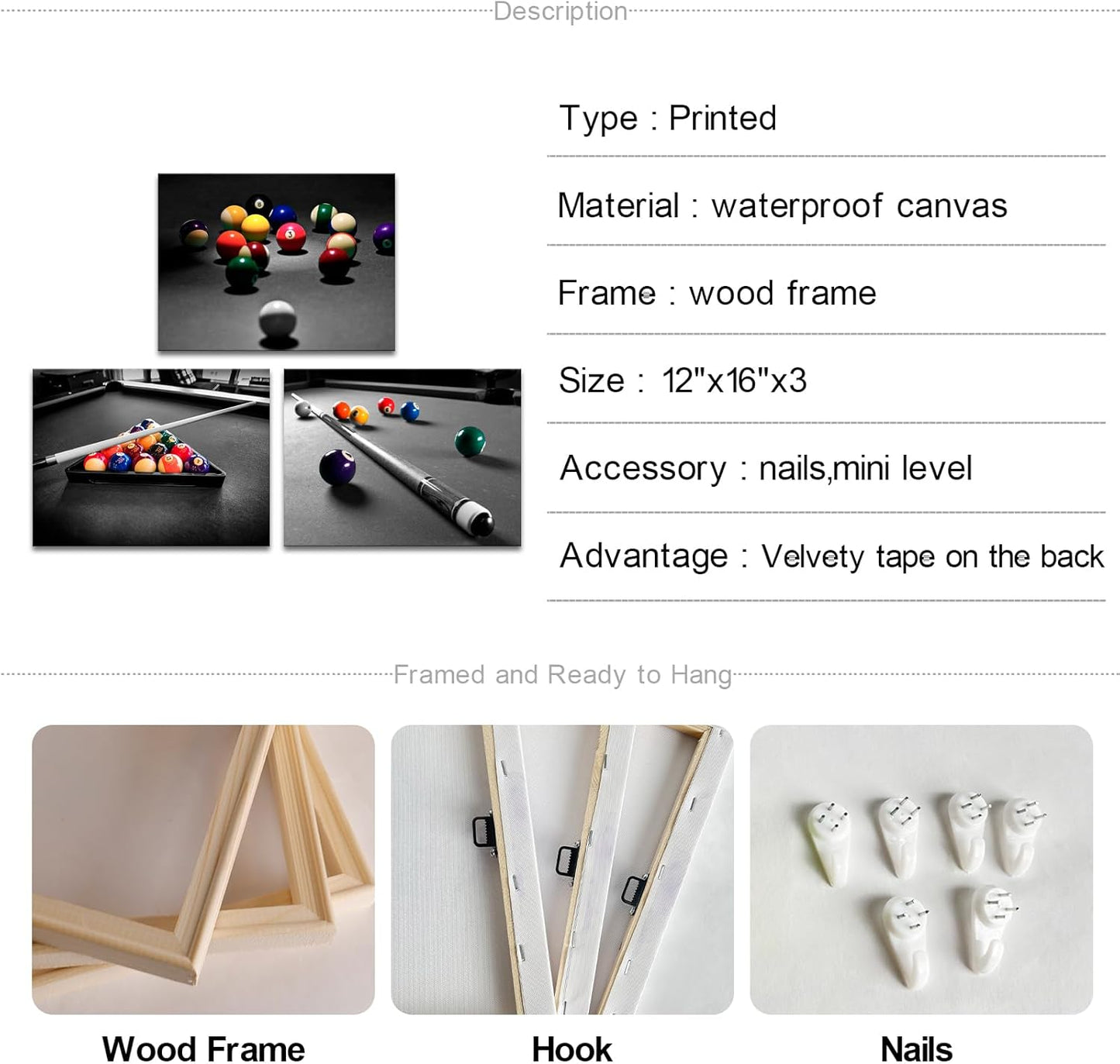 Apicoture Billiards Art Picture Wall Decor - Black And White Billiard Balls Pool Table Room Wall Decor Billiards Poster Prints Framed For Mens Berdroom Office Room Wall Art Ready To Hang (12"x16"x3Panels)