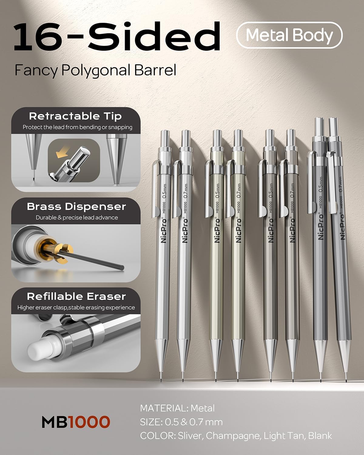 Nicpro 8 Pack 0.5mm & 0.7mm Metal Mechanical Pencil Set, MB1000 Lead Drafting Pencil for Artist Writing, Sketching, Drawing with 6 Tubes HB Lead Refills, 3PCS 4B Eraser, 9PCS Cap Eraser - With Case