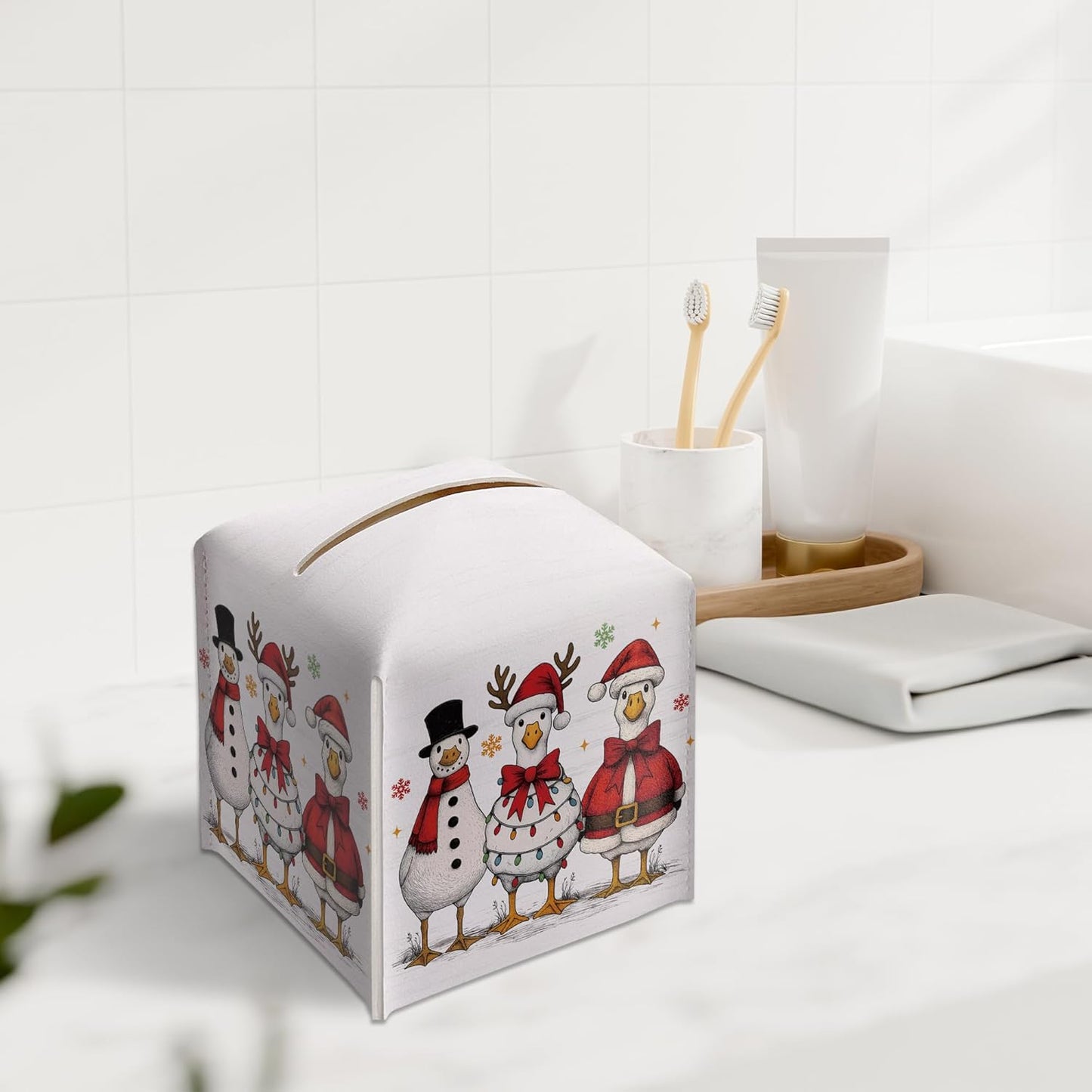 Vintage Christmas Goose Tissue Box Holder, Retro Christmas Leather Tissue Box Cover Square, Paper Facial Decorative Tissues Cover for Bathroom Kitchen Office Home Decor-B27