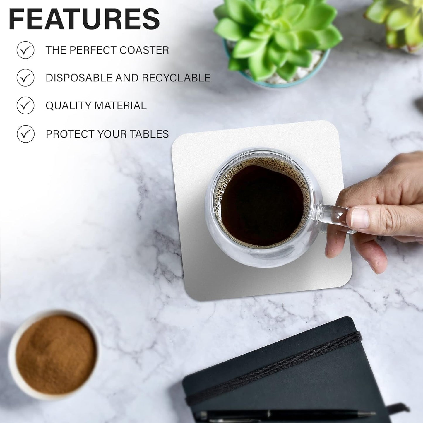 MT Products Off-White Square Paper Coasters for Drinks - 4” Blank Disposable Coasters (Pack of 1000) - Made in The USA